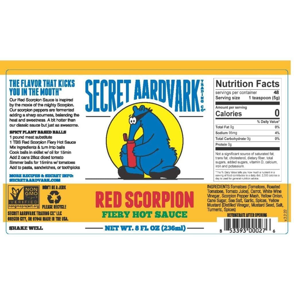Secret Aardvark Red Scorpion Hot Sauce - Hottest Hot Sauce, Low Carb, Dairy Free, Spicy Bbq Sauce, Gluten-Free Hot Sauce & Marinade - 8 Fl Oz 1 Pack