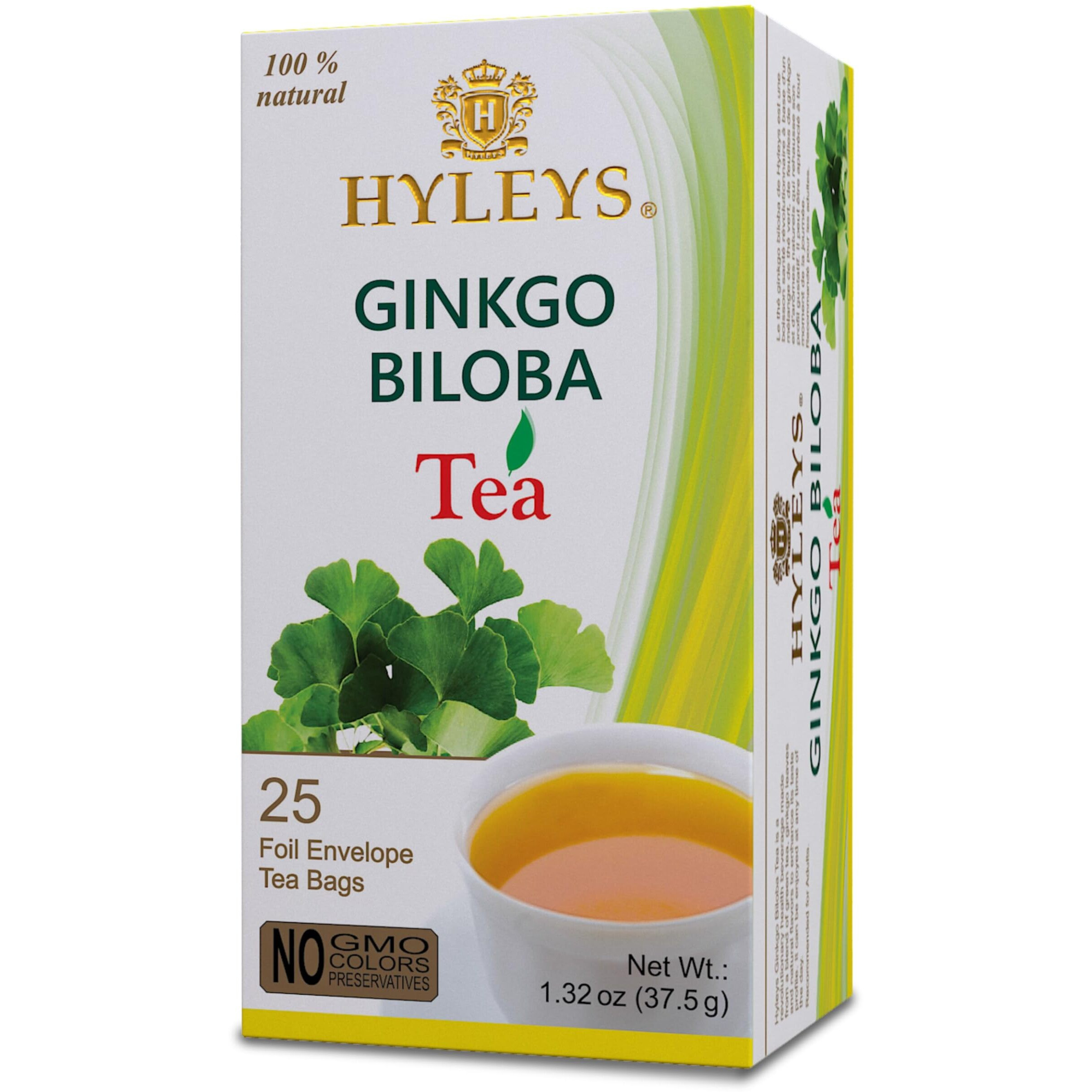 Hyleys Ginkgo Biloba Green Tea - Brain Support Blend With Citrus - 100% Natural, Gluten-Free, Non-Gmo, Memory & Focus Tea - 25 Tea Bags