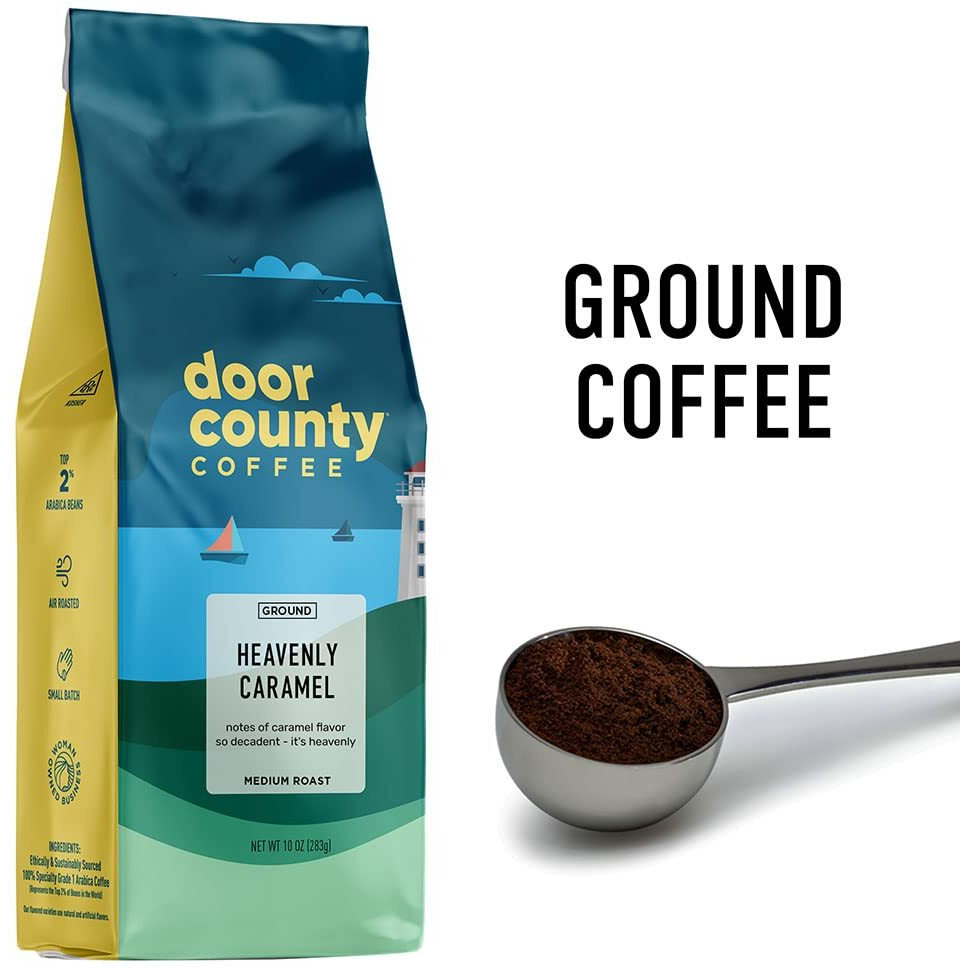 Door County Coffee Heavenly Caramel Flavored Coffee Ground | 10 Oz Bag | Flavored Ground Coffee Medium Roast | 100% Specialty Arabica Coffee Ground | Flavored Gourmet Coffee | Heavenly Caramel Coffee