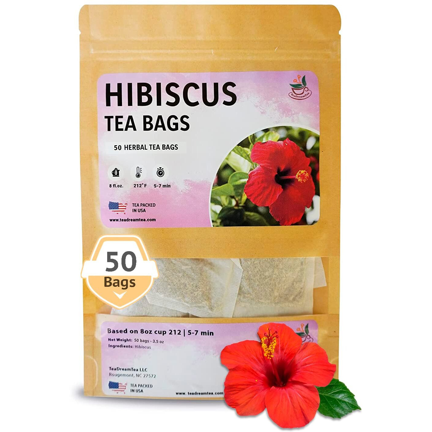 Teadreamtea Hibiscus Tea Bags | 50 Bleach-Free Tea Bags | Caffeine Free | Dried Hibiscus Flowers | Hibiscus Flower Tea | Dried Flower Tea | Brew Hot Or Iced |Herbal Hibiscus Tea