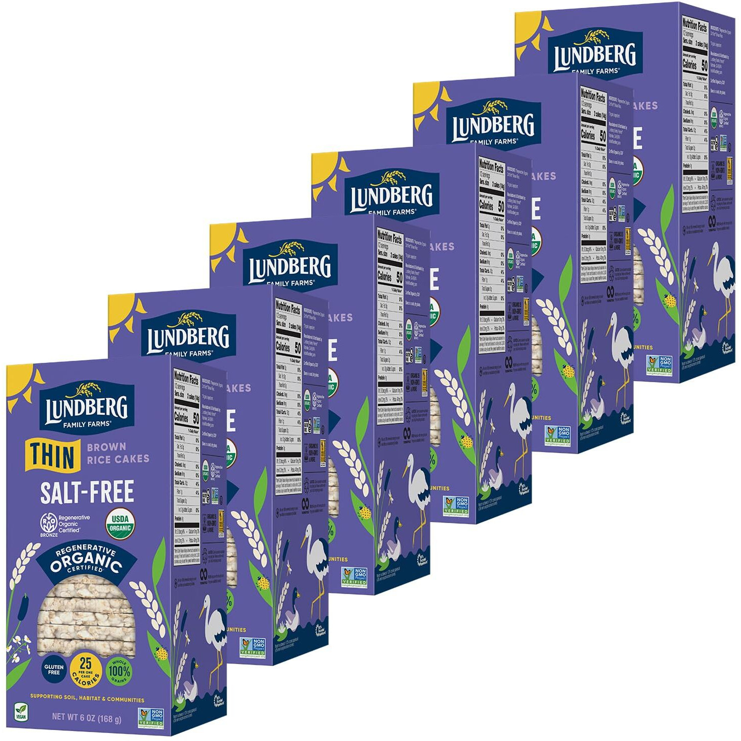Lundberg Thin Brown Rice Cakes, Salt-Free, 6-Pack - Regenerativeorganic Certified, Healthy Snacks, Vegan, 6 Oz Ea