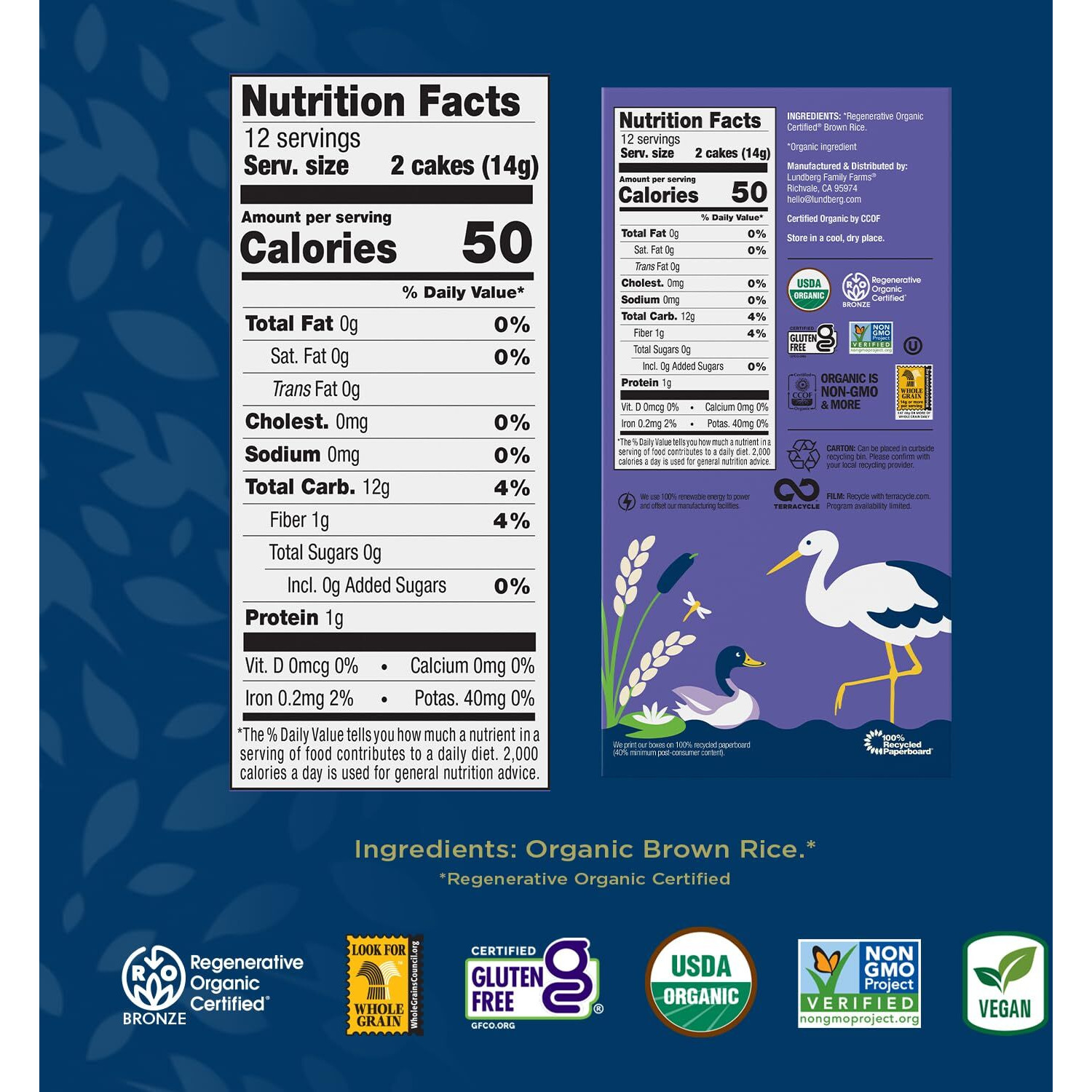 Lundberg Thin Brown Rice Cakes, Salt-Free, 6-Pack - Regenerativeorganic Certified, Healthy Snacks, Vegan, 6 Oz Ea