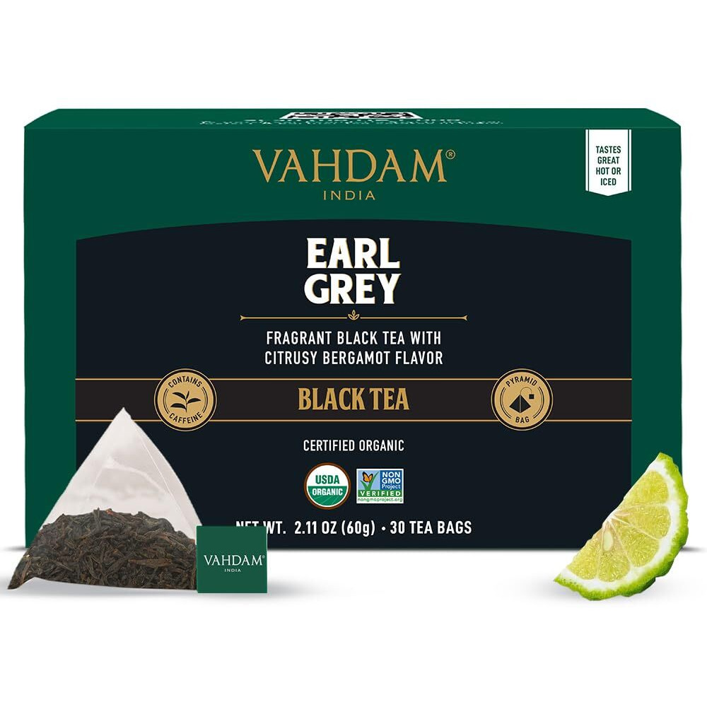 Vahdam, Earl Grey Black Tea Bags (30 Count) Medium Caffeine, Non Gmo, Gluten Free | Citrus Bergamot & Smooth | Resealable Ziplock Pouch | Individually Wrapped | Plant Based Tea Bags