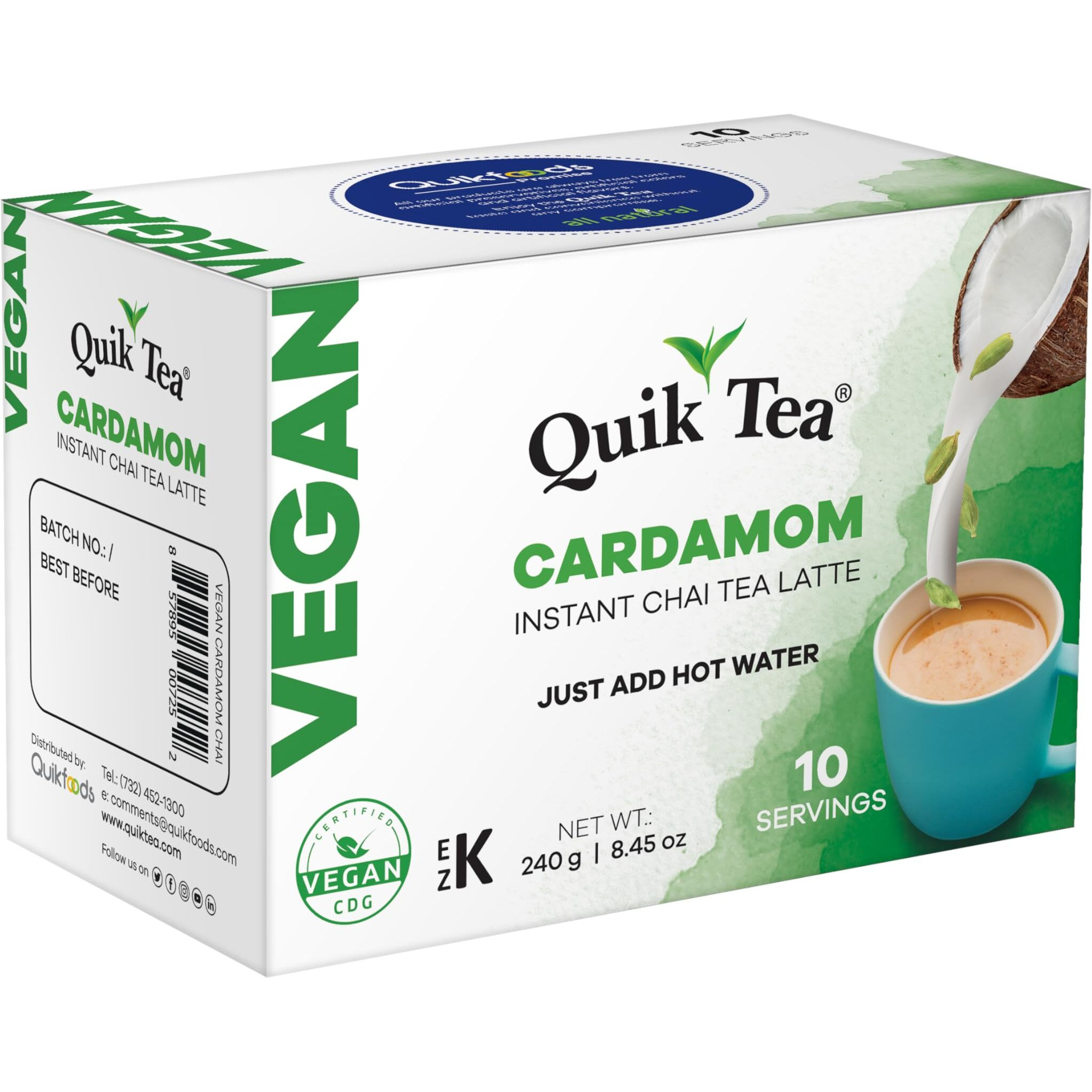 Quiktea Vegan Cardamom Instant Chai Tea Latte - 10 Count Single Box - Convenient, Easy Ayurvedic Dairy Free Alternative - All Natural Non Gmo Superfood