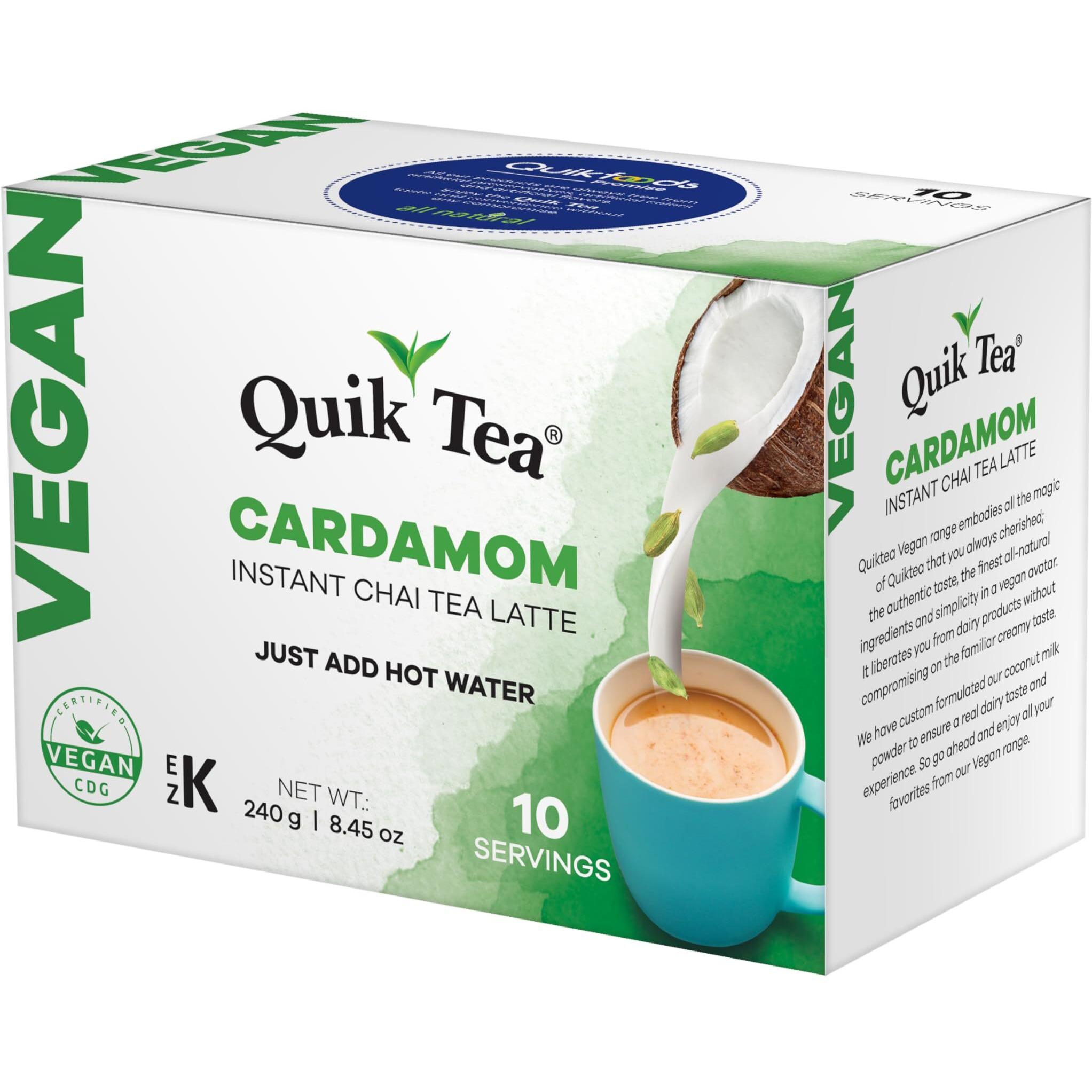 Quiktea Vegan Cardamom Instant Chai Tea Latte - 10 Count Single Box - Convenient, Easy Ayurvedic Dairy Free Alternative - All Natural Non Gmo Superfood