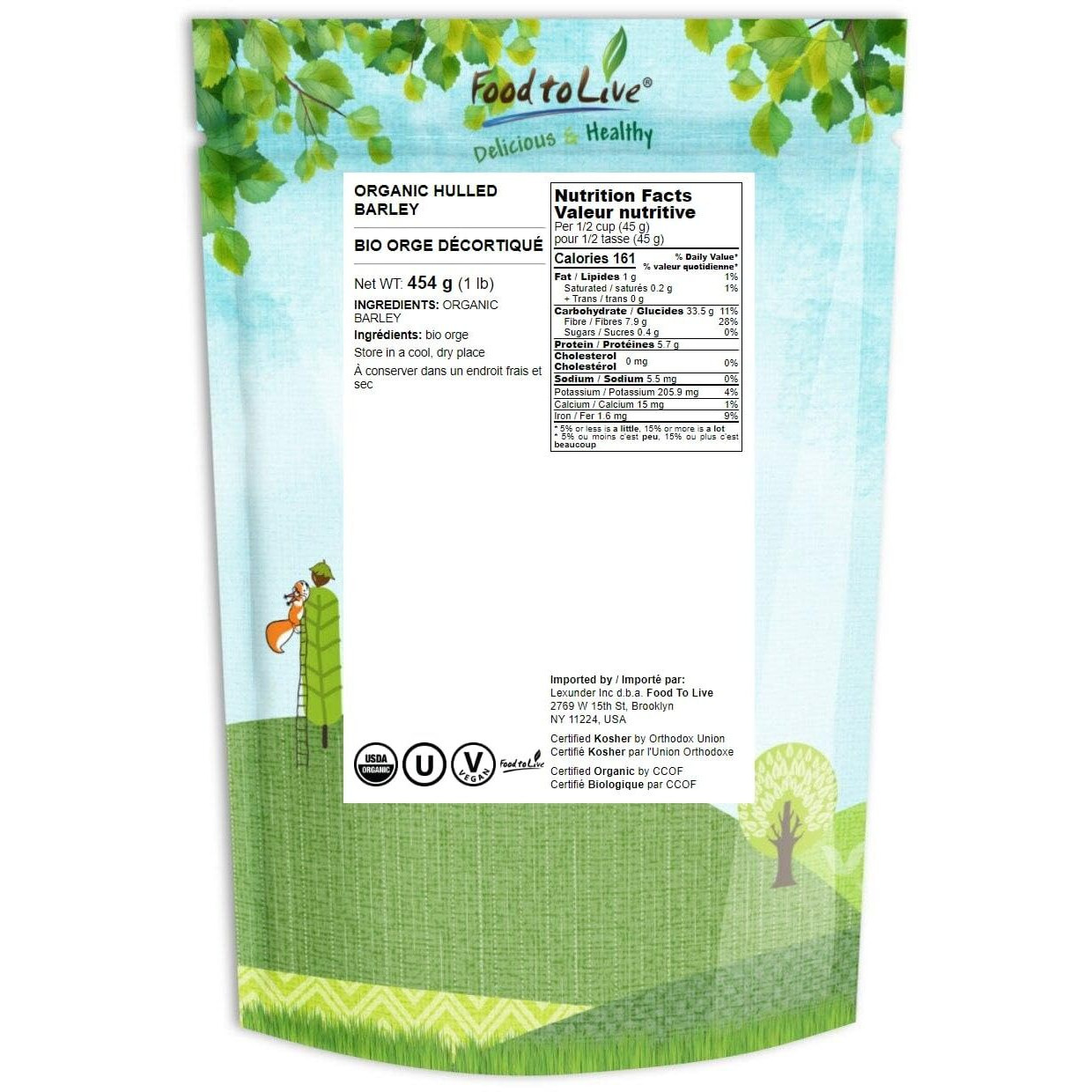 Food To Live Organic Hulled Barley, 1 Pound - Non-Gmo, 100% Whole Grain, Kosher, Vegan, Bulk. Suited For Home Brewing, Grinding. High In Fiber. Great For Chili, Hot Cereal, Salads, Soup