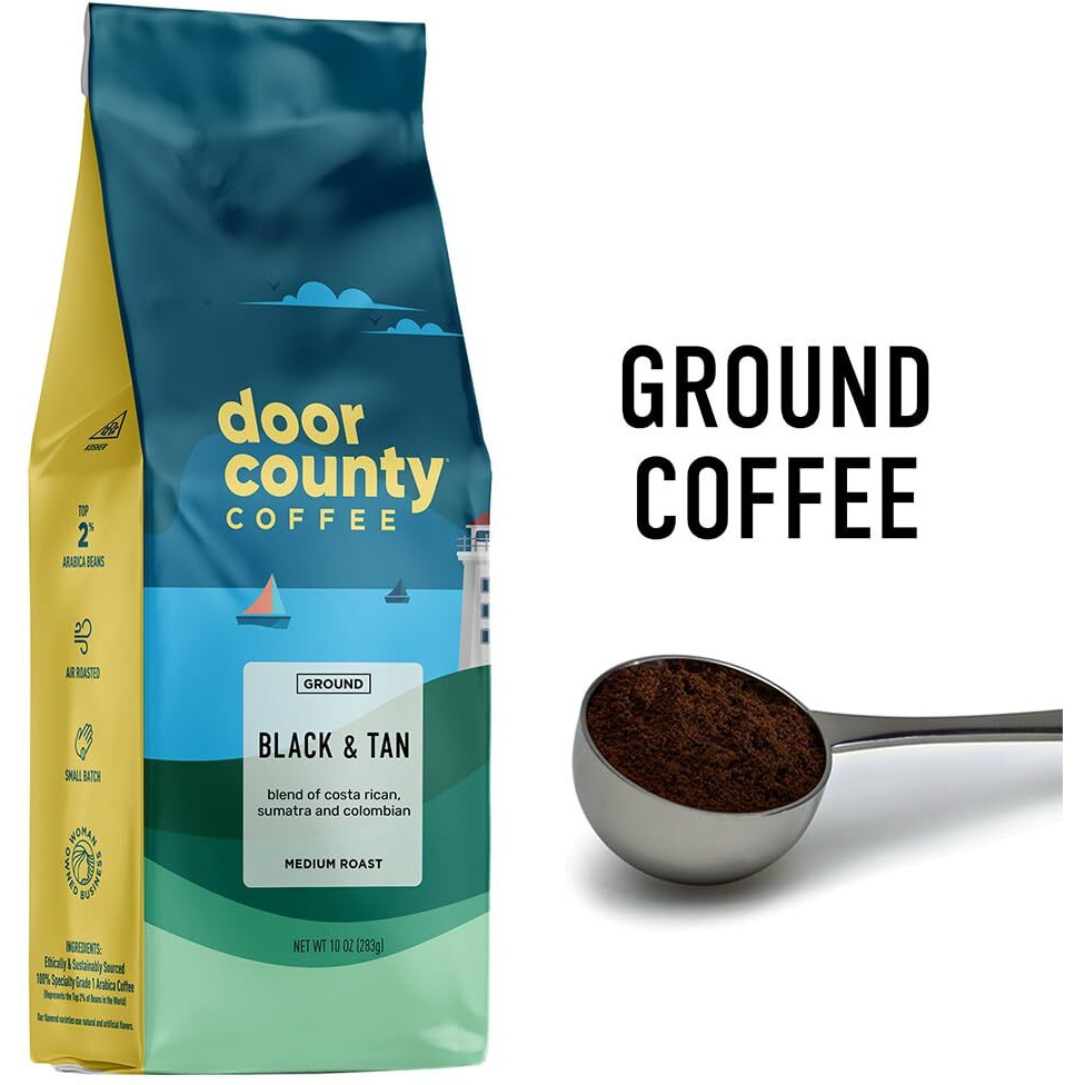 Door County Coffee Black And Tan Non-Flavored Coffee Ground | 10 Oz Bag | Medium Roast | 100% Specialty Arabica Coffee | Non-Flavored Gourmet Coffee | Black And Tan Coffee