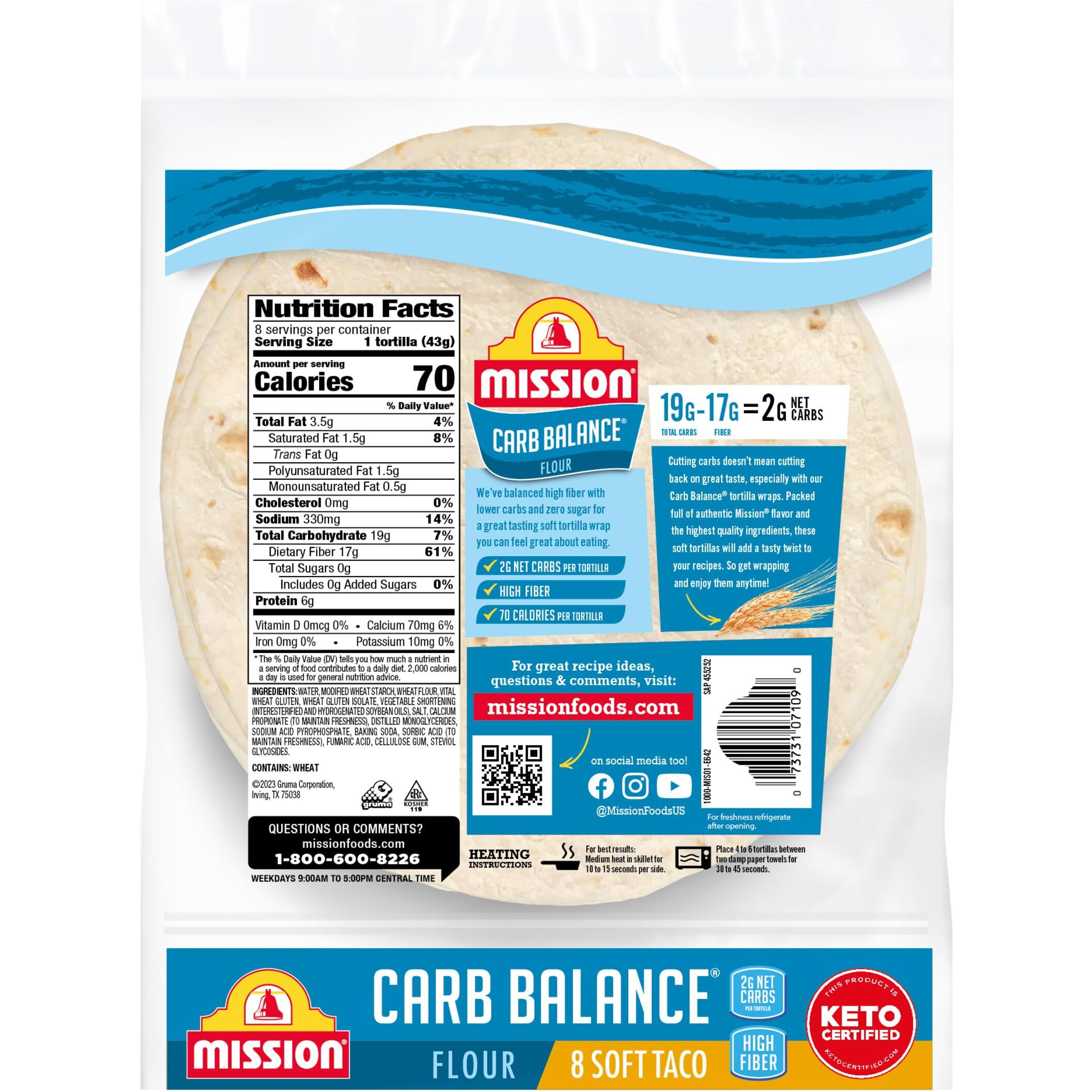 Mission Soft Taco Whole Wheat Tortillas, Whole Grain, High Fiber, Trans Fat Free, Medium Size, 10 Count