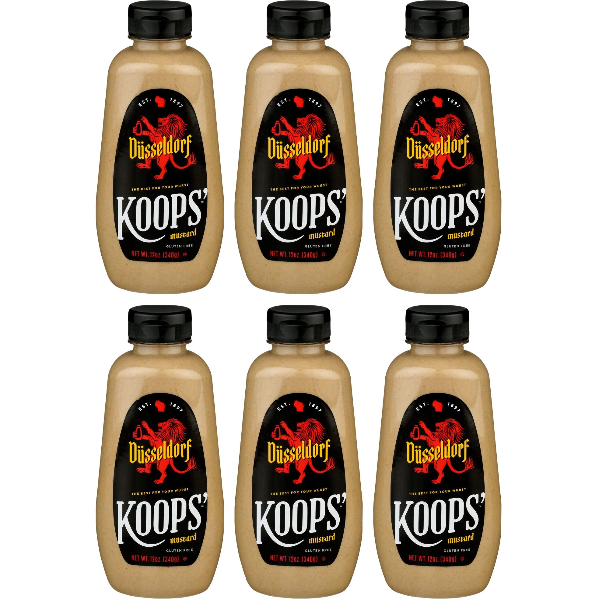 Koops' Dusseldorf Mustard - German-Style Bratwurst Mustard, Gluten-Free, Kosher, Made In Usa, From Quality Mustard Seeds, Creamy And Traditional Bavarian Mustard - 12 Oz, Pack Of 6