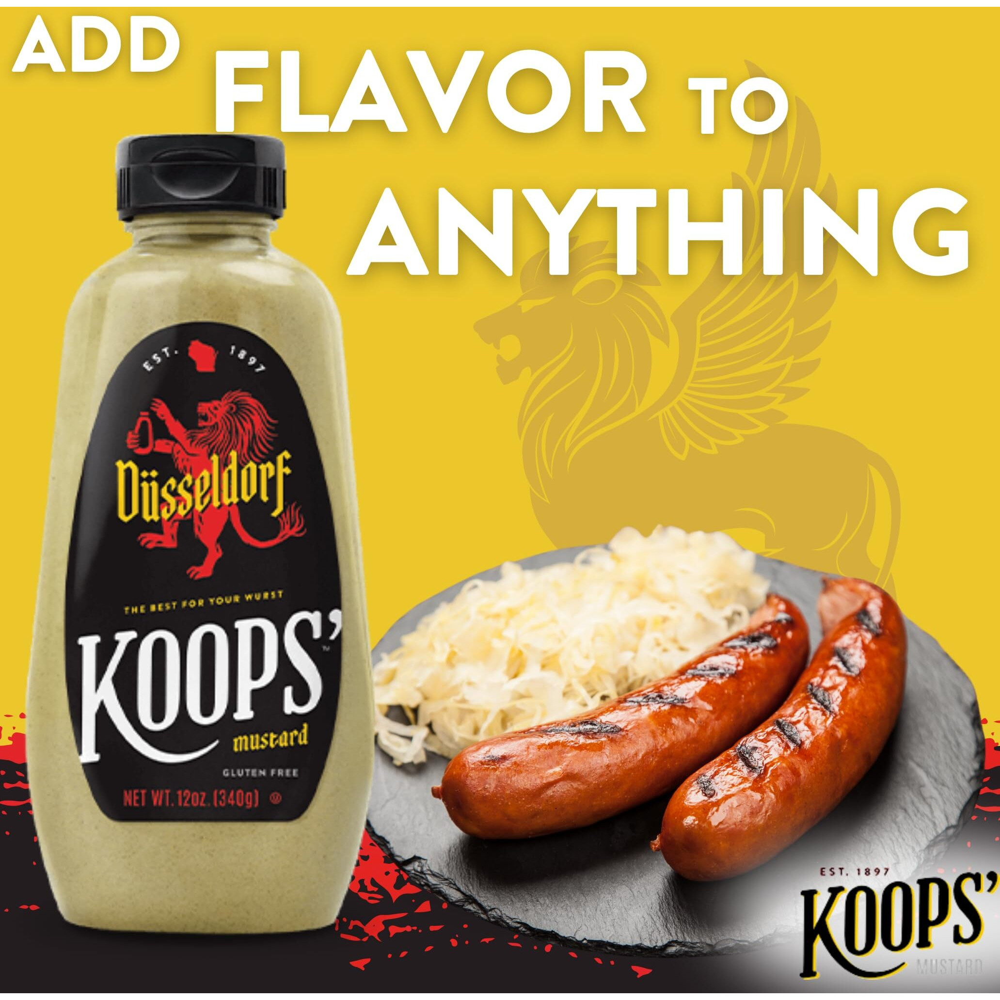 Koops' Dusseldorf Mustard - German-Style Bratwurst Mustard, Gluten-Free, Kosher, Made In Usa, From Quality Mustard Seeds, Creamy And Traditional Bavarian Mustard - 12 Oz, Pack Of 6