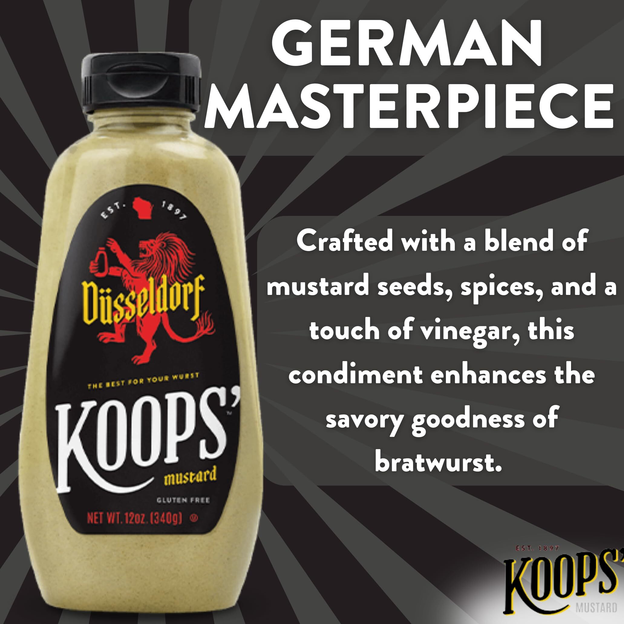 Koops' Dusseldorf Mustard - German-Style Bratwurst Mustard, Gluten-Free, Kosher, Made In Usa, From Quality Mustard Seeds, Creamy And Traditional Bavarian Mustard - 12 Oz, Pack Of 6