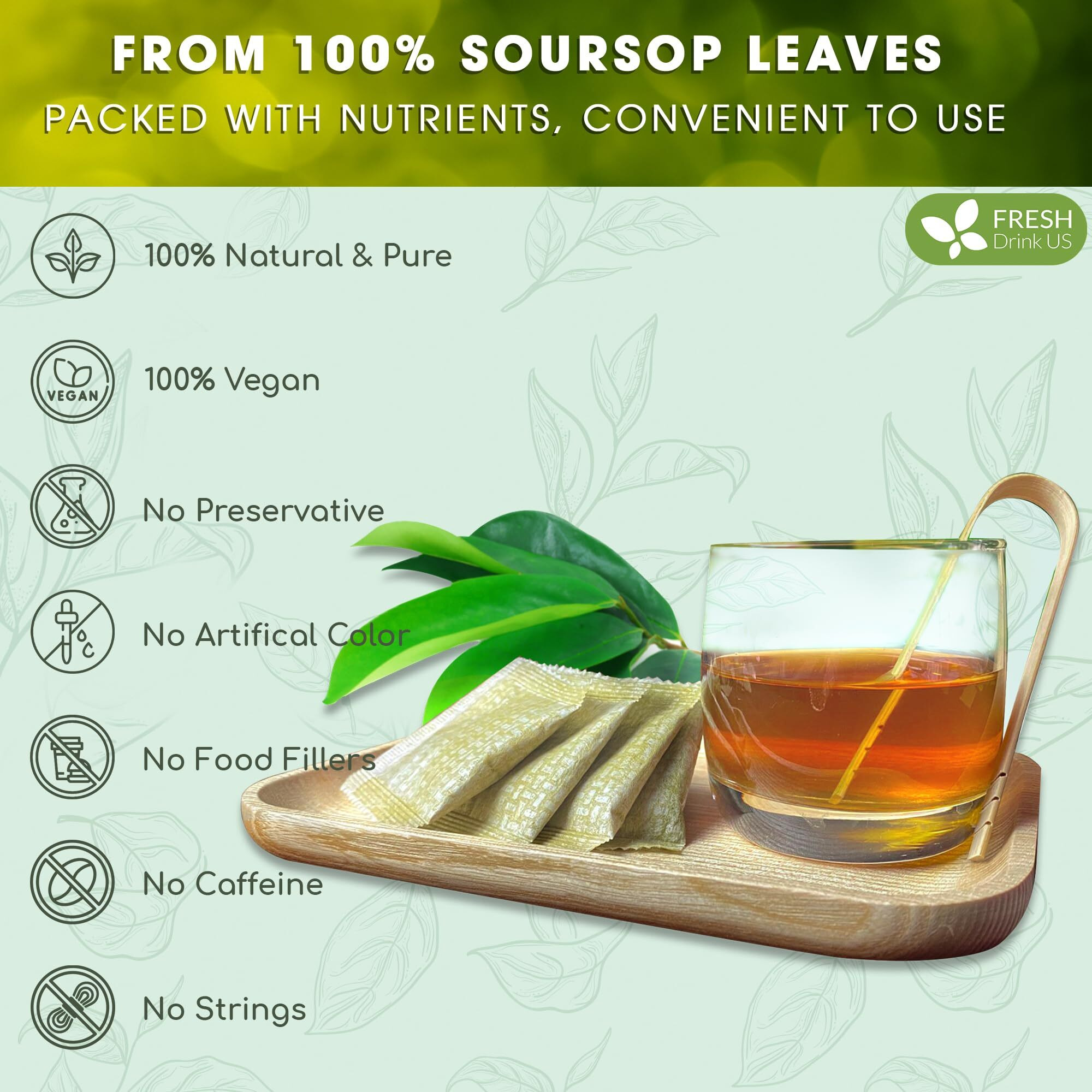 Freshdrinkus, Premium 10 Soursop Graviola Leaf Tea Bags, 100% Natural & Pure From Soursop Leaves, Hoja Guanabana Herbal Tea. Made With Natural Material Tea Bags. No Sugar, No Caffeine, Vegan.