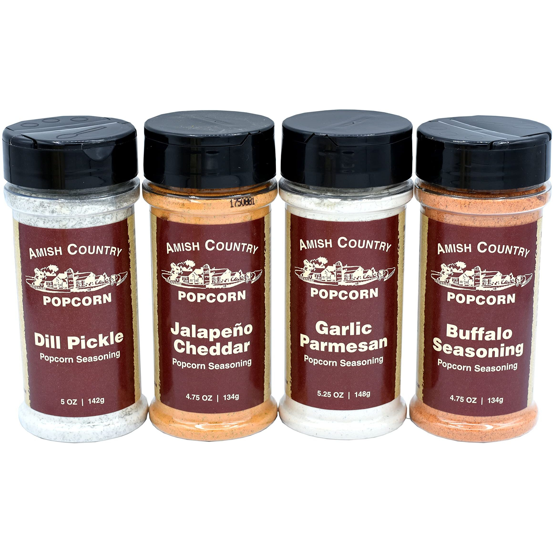Amish Country Popcorn | 4 Pack Seasoning Bundle | Buffalo, Garlic Parmesan, Jalepeno Cheddar, Dill Pickle | Old Fashioned, Non-Gmo And Gluten Free