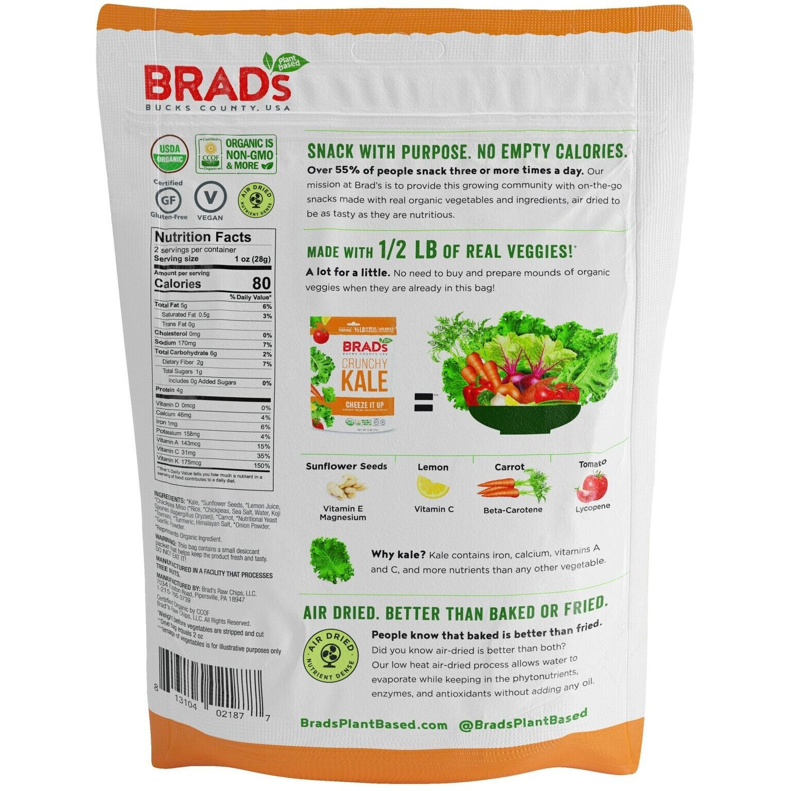 Brad's Plant Based Organic Crunchy Kale, Cheeze It Up, 6 Bags, 12 Servings Total