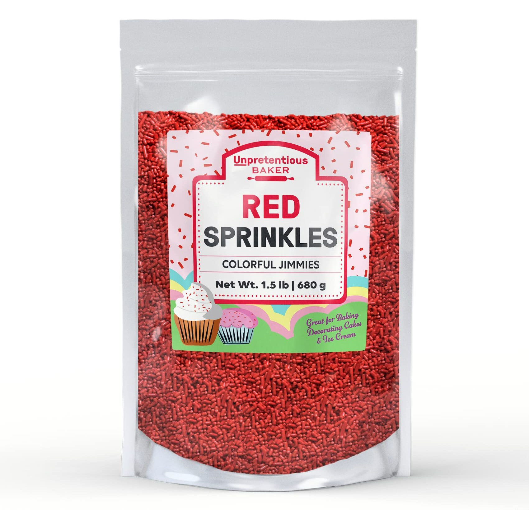 Unpretentious Red Sprinkles, 1.5 Lb, Red Jimmies, Gluten-Free, Clear Resealable Bag