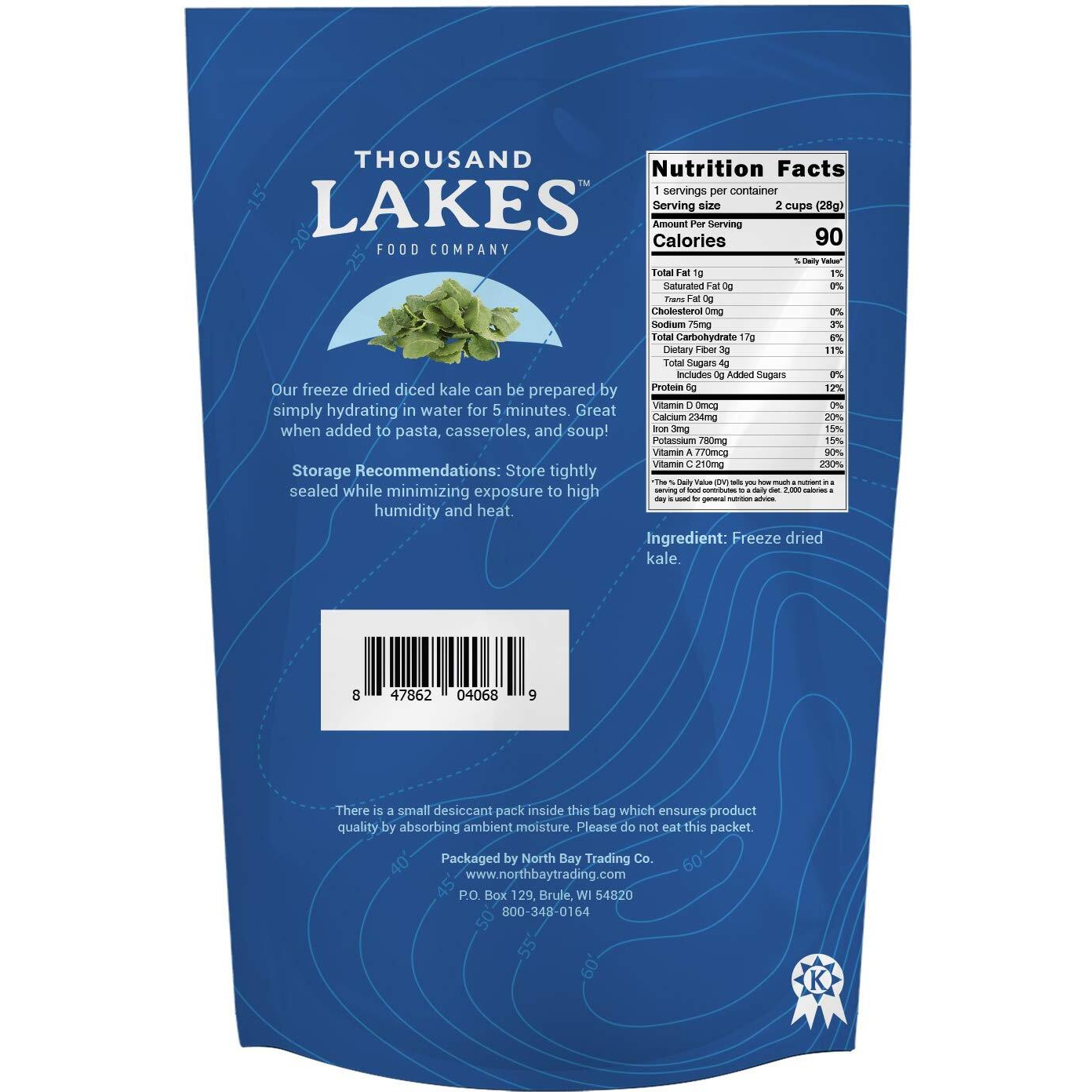 Thousand Lakes Freeze Dried Vegetables - Diced Kale 1 Ounce | 100% Kale Flakes | No Salt Added