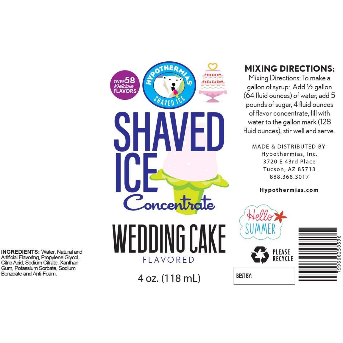 Hypothermias Shaved Ice And Snow Cone Syrup Unsweetened Flavor Concentrate - 4 Fl Oz - Makes 1 Gallon Of Ready To Use Syrup - Wedding Cake - Must Add Filtered Water And Sweetener
