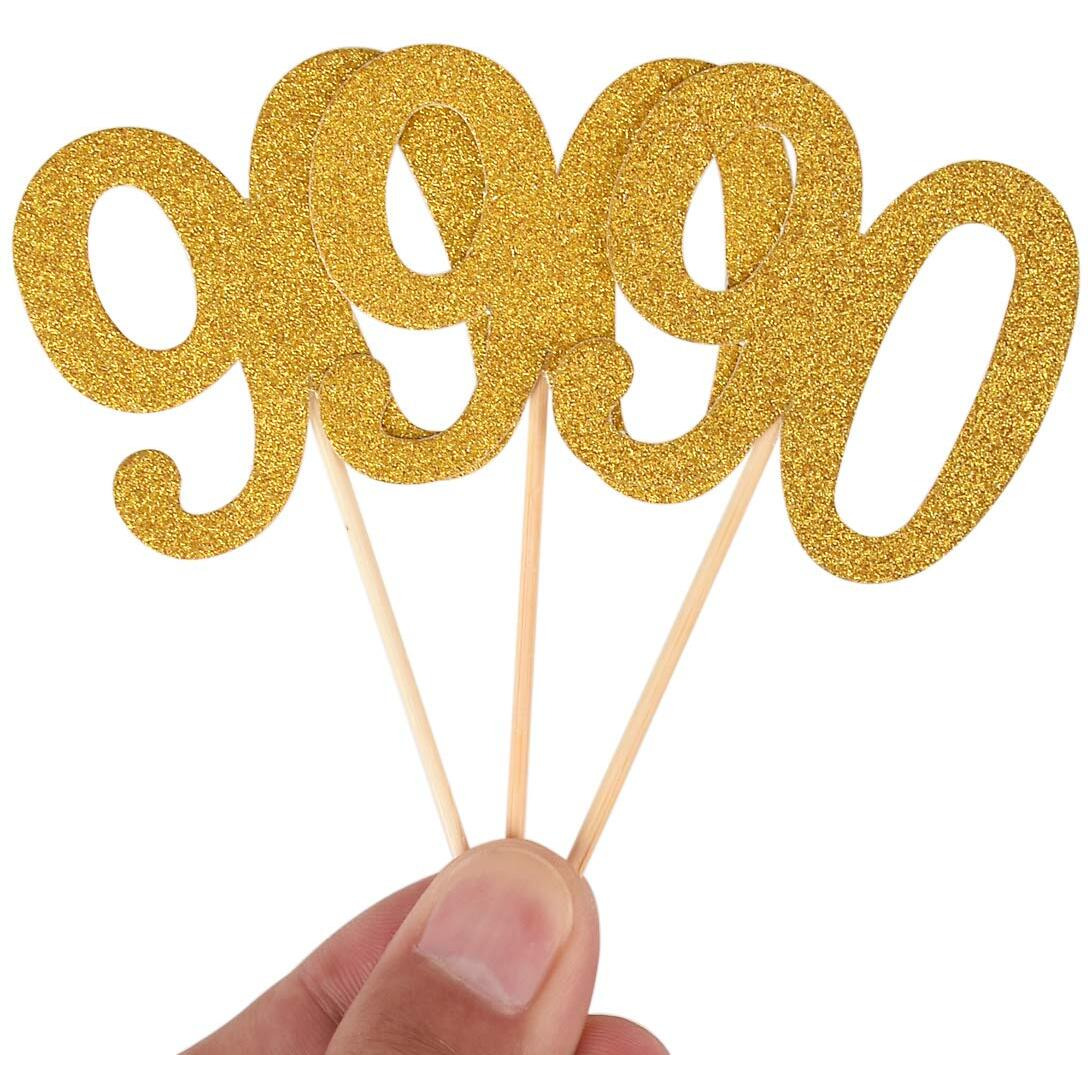 Donoter 50Pcs 90Th Cupcake Toppers Gold Glitter Number 90 Cake Picks For Birthday Anniversary Party Decoration