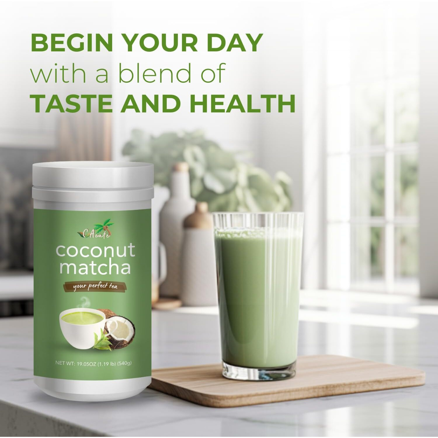 Cacafe Coconut Matcha - Creamy & Sweet Japanese Health Drink - Green Tea Latte Drinking Mix For Hot, Cold, Or Iced Beverages 19.05Oz