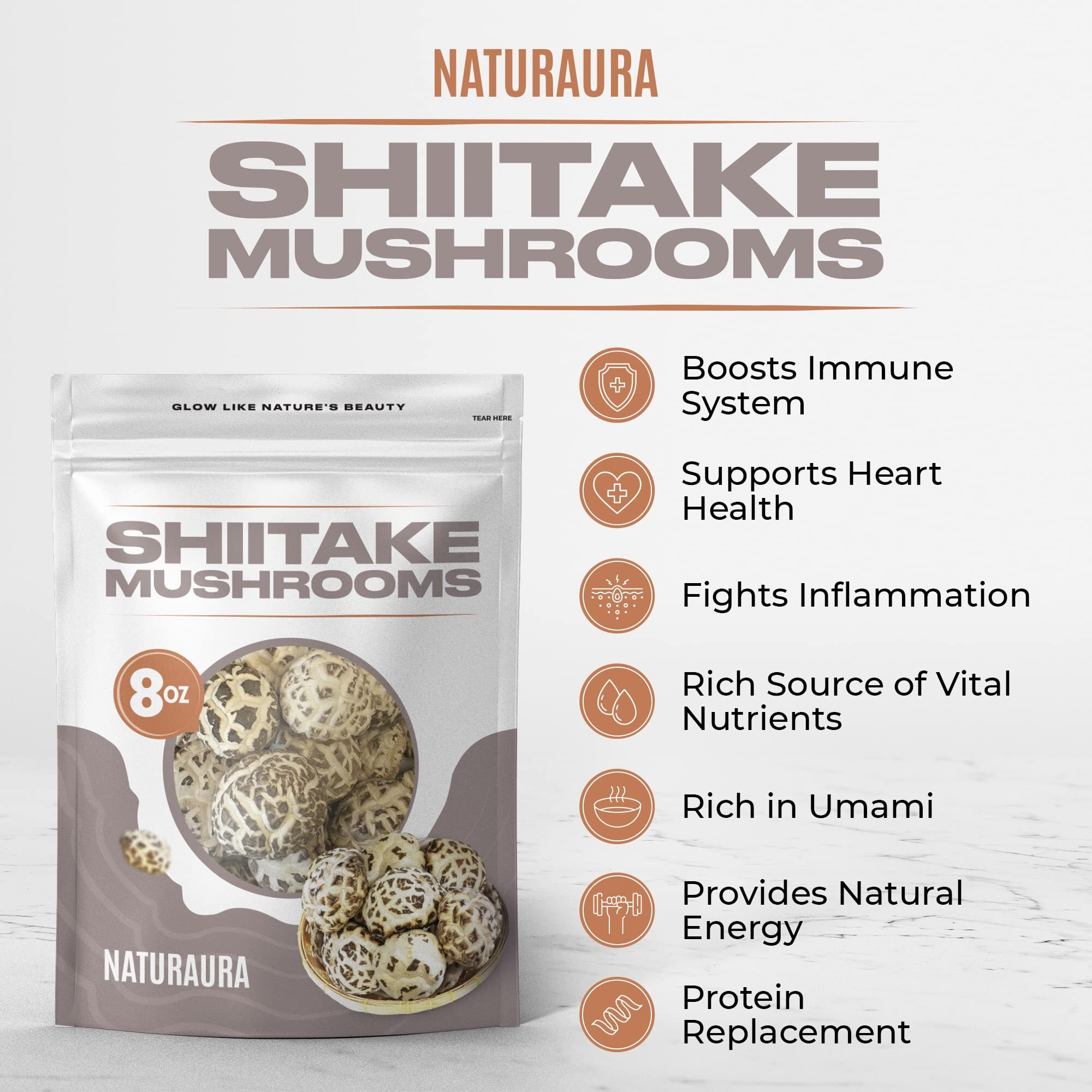 Naturaura - 16 Oz Of Large Premium Whole White Flower Dried Shiitake Mushrooms - Great Tasty, Healthy, Nutritious & Umami Rich Protein Substitute, Vegan, Keto Friendly, Gluten Free - Grade Aaa