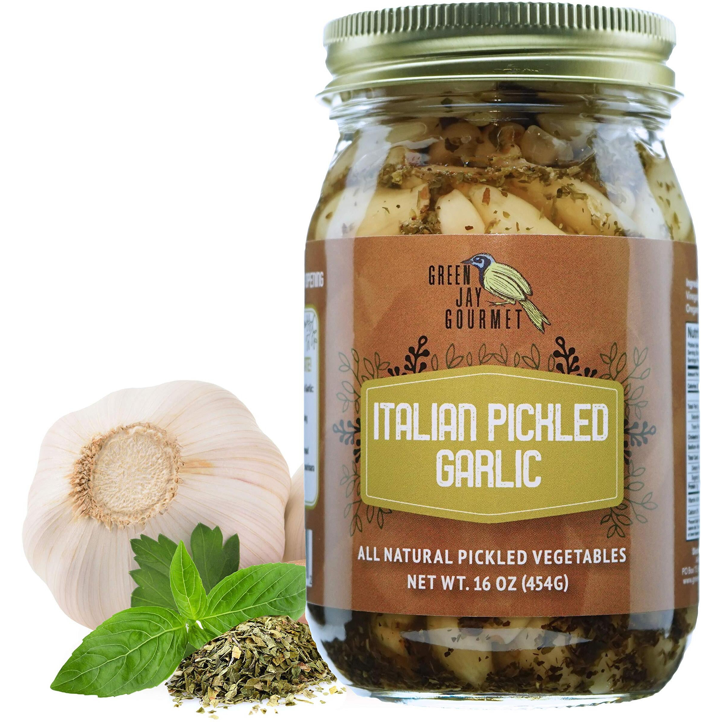 Green Jay Gourmet Pickled Garlic Cloves In A Jar - Italian Pickled Garlic - Fresh Garlic Bulbs For Cooking - Simple, Natural Ingredients - Freshly Made - Subtly Infused Pre-Prepared Garlic - 16 Ounce