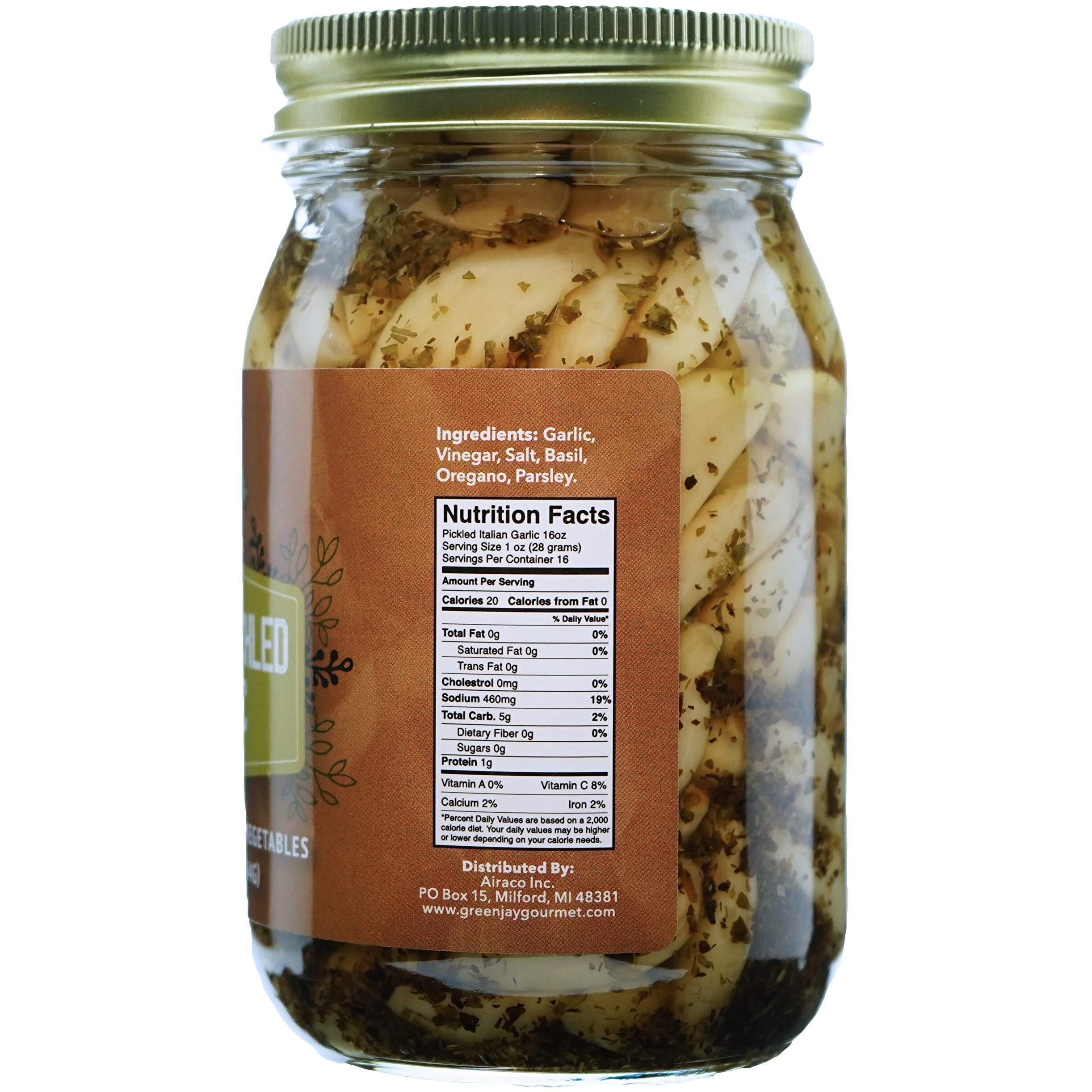 Green Jay Gourmet Pickled Garlic Cloves In A Jar - Italian Pickled Garlic - Fresh Garlic Bulbs For Cooking - Simple, Natural Ingredients - Freshly Made - Subtly Infused Pre-Prepared Garlic - 16 Ounce