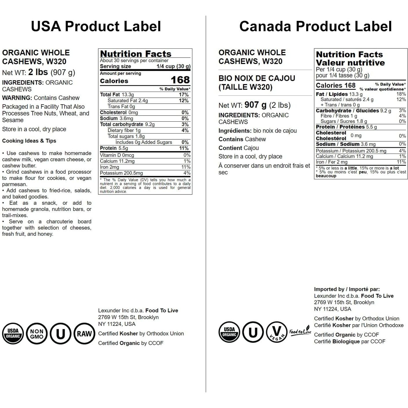 Food To Live - Organic Cashews, 2 Pounds Whole, Unsalted, Non-Gmo, Kosher, Raw, Vegan, Bulk