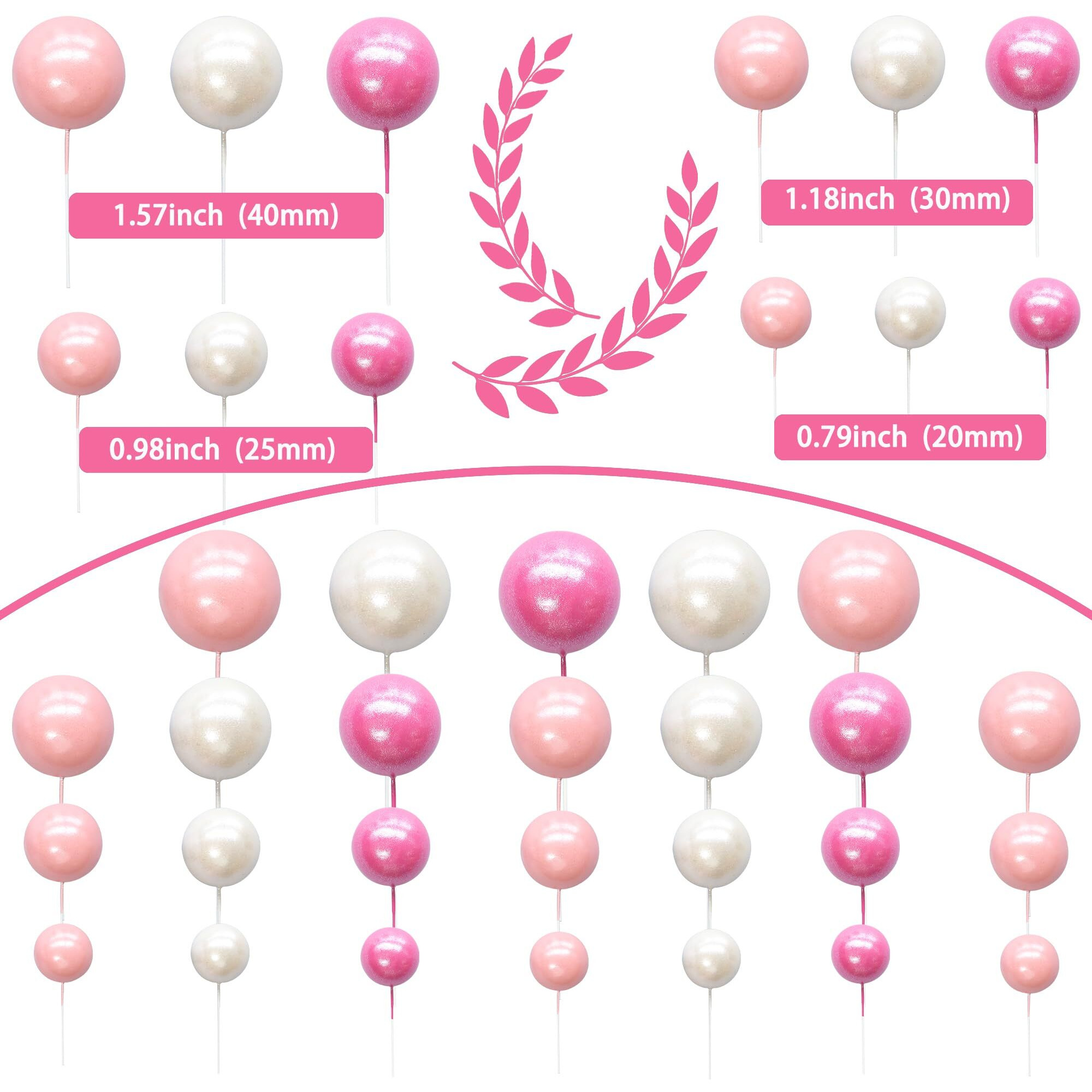 Ephlyn 30Pcs Balls Cake Topper Foam Ball Cake Picks Mini Balloon Cupcake Insert Bubble Balls Diy Decoration For Baby Shower Kids Birthday Party Decorations Pearl White Pink Rose Red