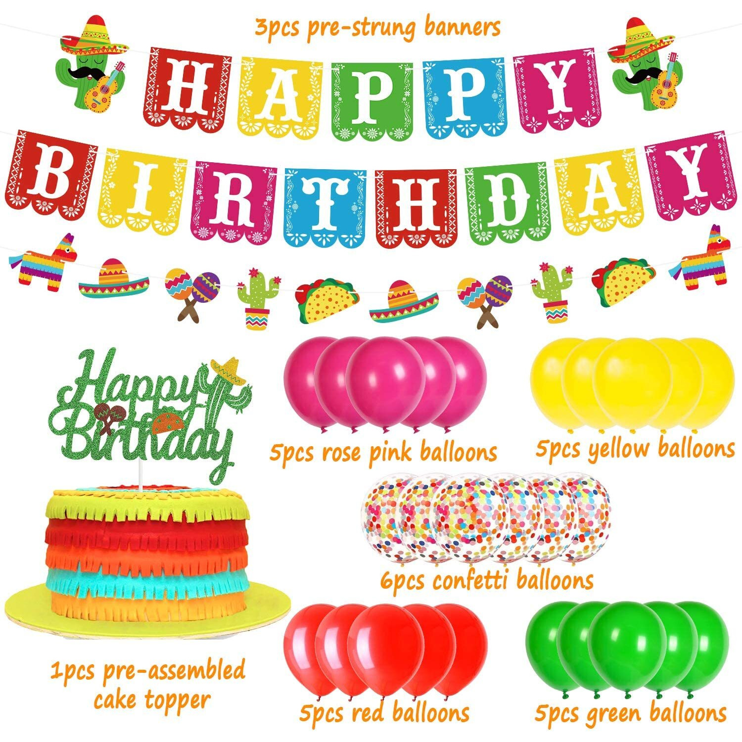 Mexican Themed Birthday Party Supplies, Fiesta Birthday Banner And Cake Topper, Taco Party Decorations For Kids