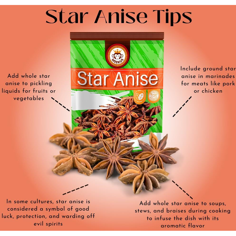 Meekus Star Anise (Anis Estrella) Anise Seeds, Star Anise Whole, Whole Chinese Star Anise Pods For Tea And Baking, 8 Oz