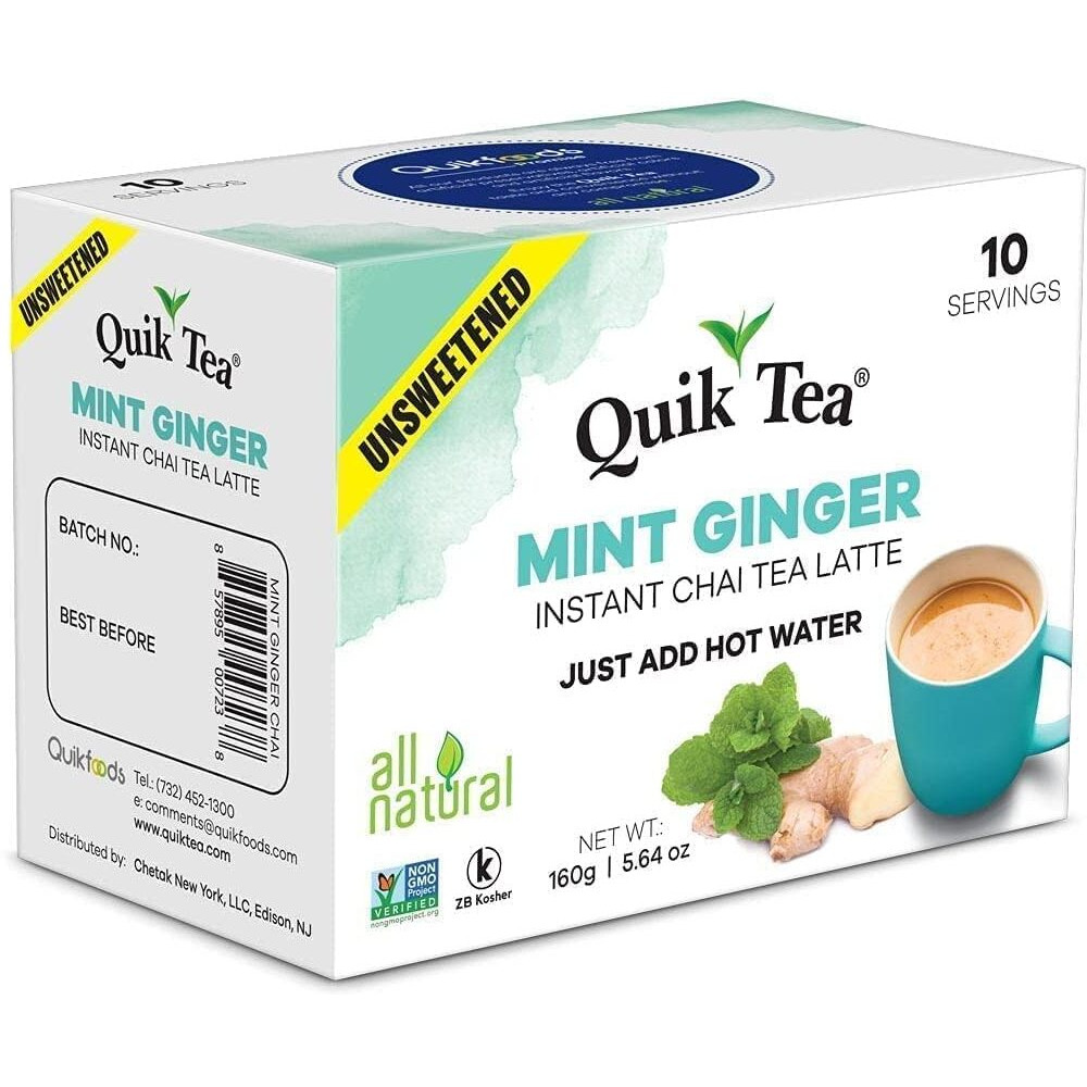 Quiktea Mint (Pudina) Ginger Chai Tea Latte - 10 Count Single Box - All Natural & Preservative Free Authentic Instant Chai Tea - Just Add Hot Water (Unsweetened)