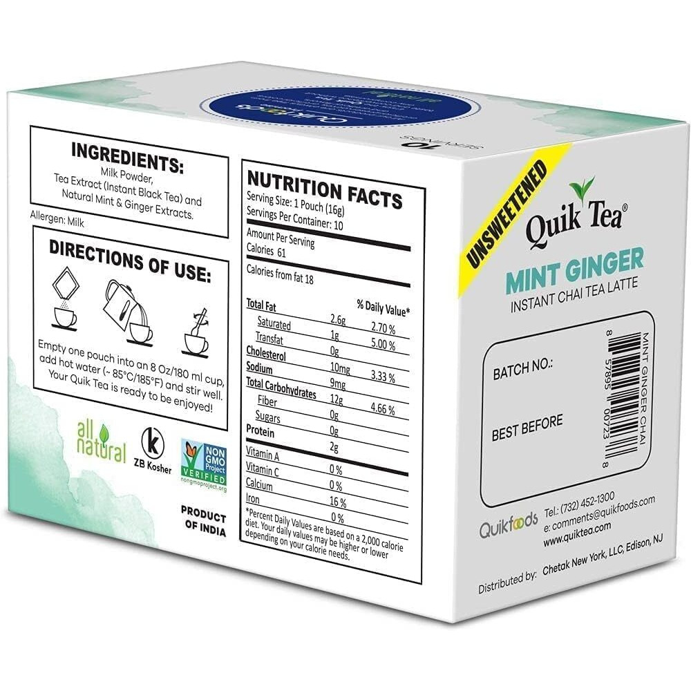 Quiktea Mint (Pudina) Ginger Chai Tea Latte - 10 Count Single Box - All Natural & Preservative Free Authentic Instant Chai Tea - Just Add Hot Water (Unsweetened)