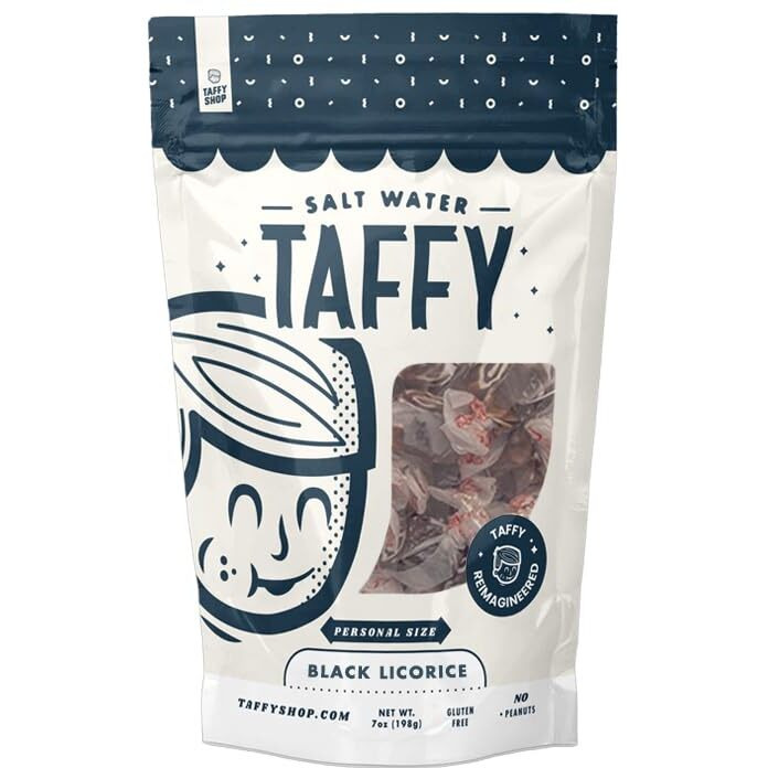 Taffy Shop Black Licorice Salt Water Taffy - Small Batch Salt Water Taffies Made In The Usa - Super Soft, And Sweet - Guaranteed Fresh - Gluten-Free, Soy-Free, Peanut-Free - Personal (7Oz) Bag
