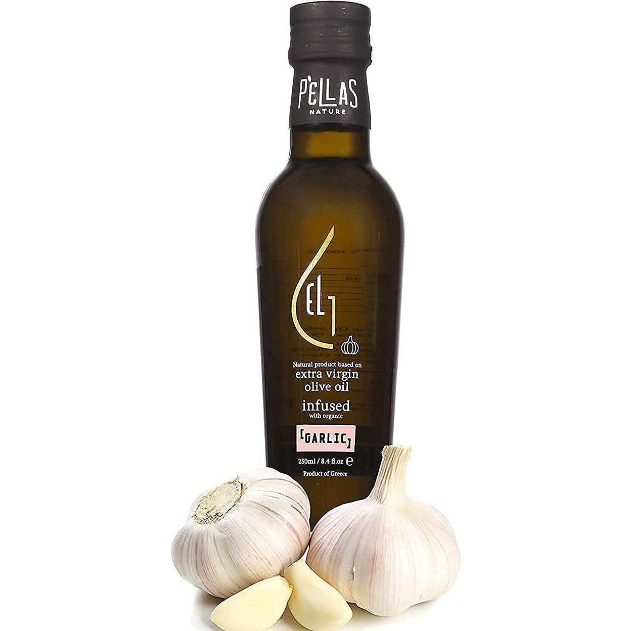 Pellas Nature, Organic Garlic Infused Greek Extra Virgin Olive Oil, Gold Award, Kosher, 8.5 Oz. (250 Ml), Glass Bottle