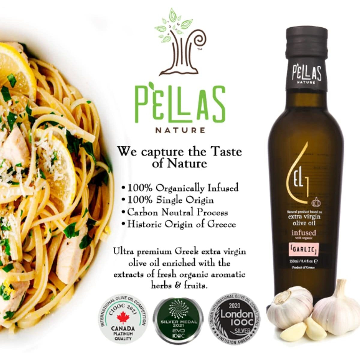 Pellas Nature, Organic Garlic Infused Greek Extra Virgin Olive Oil, Gold Award, Kosher, 8.5 Oz. (250 Ml), Glass Bottle