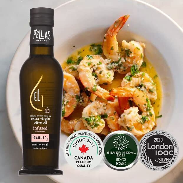 Pellas Nature, Organic Garlic Infused Greek Extra Virgin Olive Oil, Gold Award, Kosher, 8.5 Oz. (250 Ml), Glass Bottle