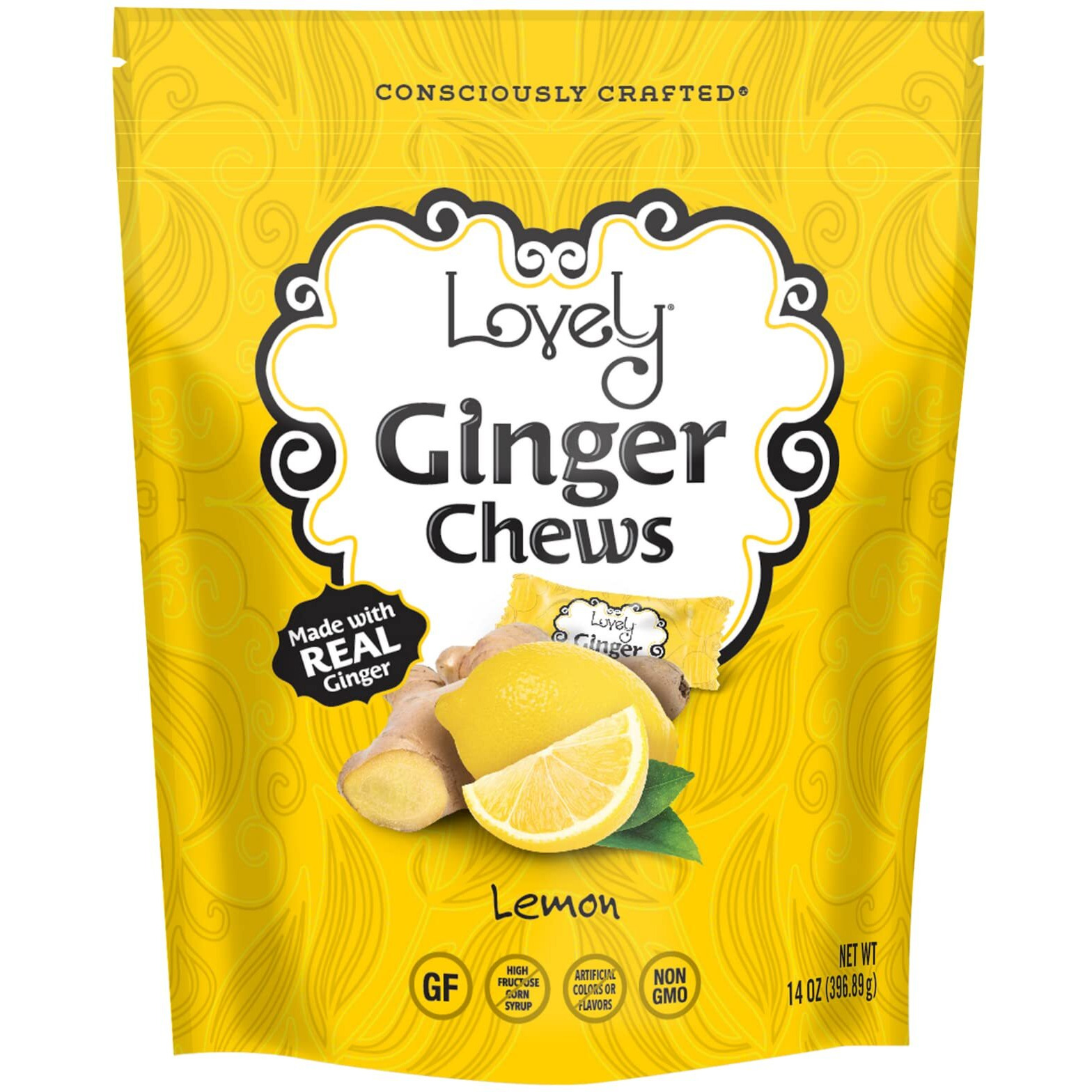 Lovely Candy Co. Lemon Ginger Chews, Made With Real Ginger, Individually Wrapped, 14Oz (1-Pack) | Gluten-Free, Non-Gmo, No Artificial Ingredients, No High Fructose Corn Syrup | Only 4 Ingredients