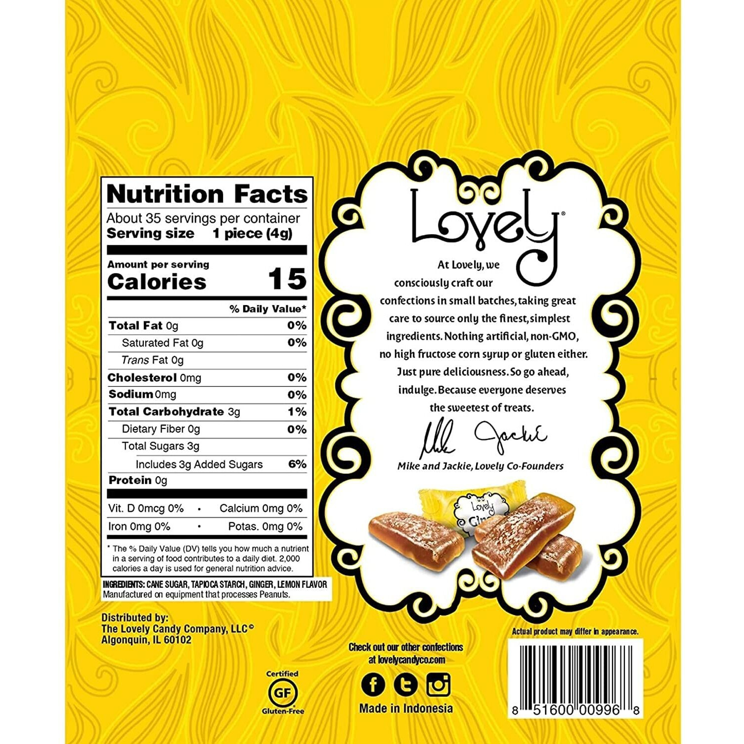 Lovely Candy Co. Lemon Ginger Chews, Made With Real Ginger, Individually Wrapped, 14Oz (1-Pack) | Gluten-Free, Non-Gmo, No Artificial Ingredients, No High Fructose Corn Syrup | Only 4 Ingredients