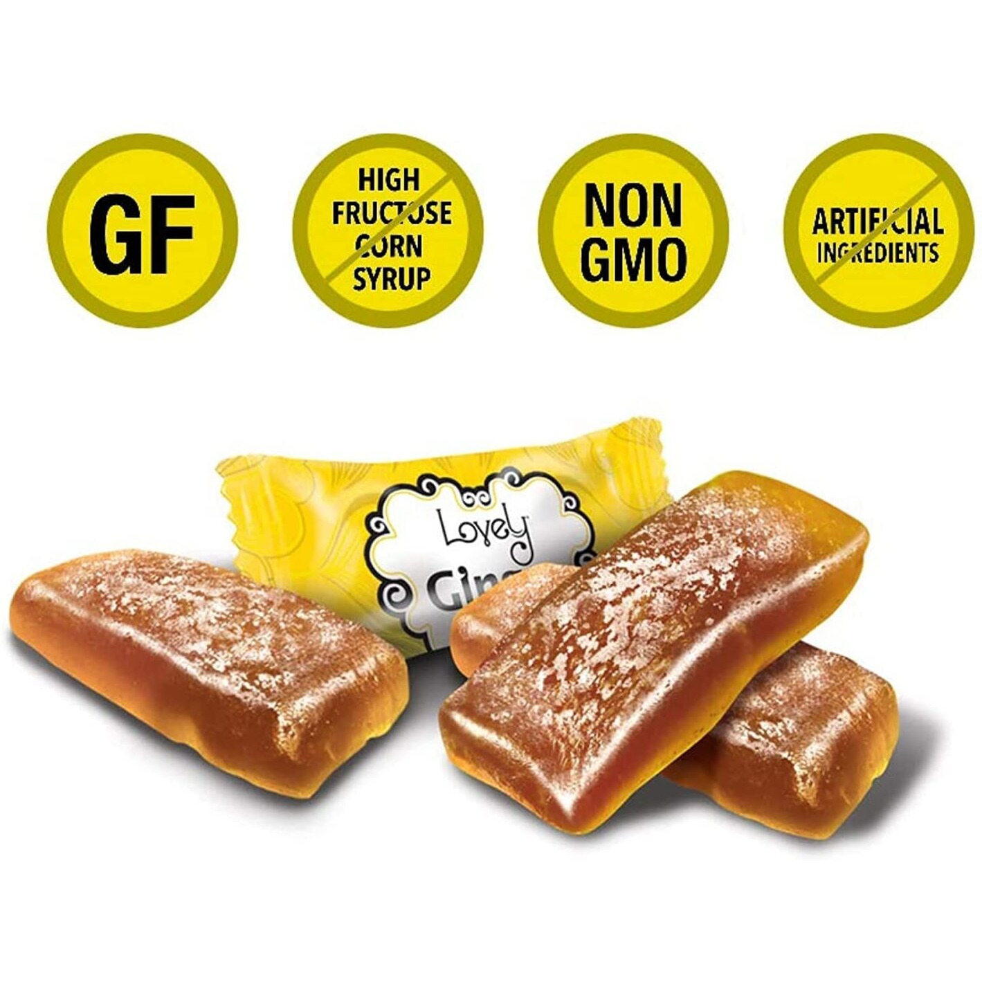 Lovely Candy Co. Lemon Ginger Chews, Made With Real Ginger, Individually Wrapped, 14Oz (1-Pack) | Gluten-Free, Non-Gmo, No Artificial Ingredients, No High Fructose Corn Syrup | Only 4 Ingredients