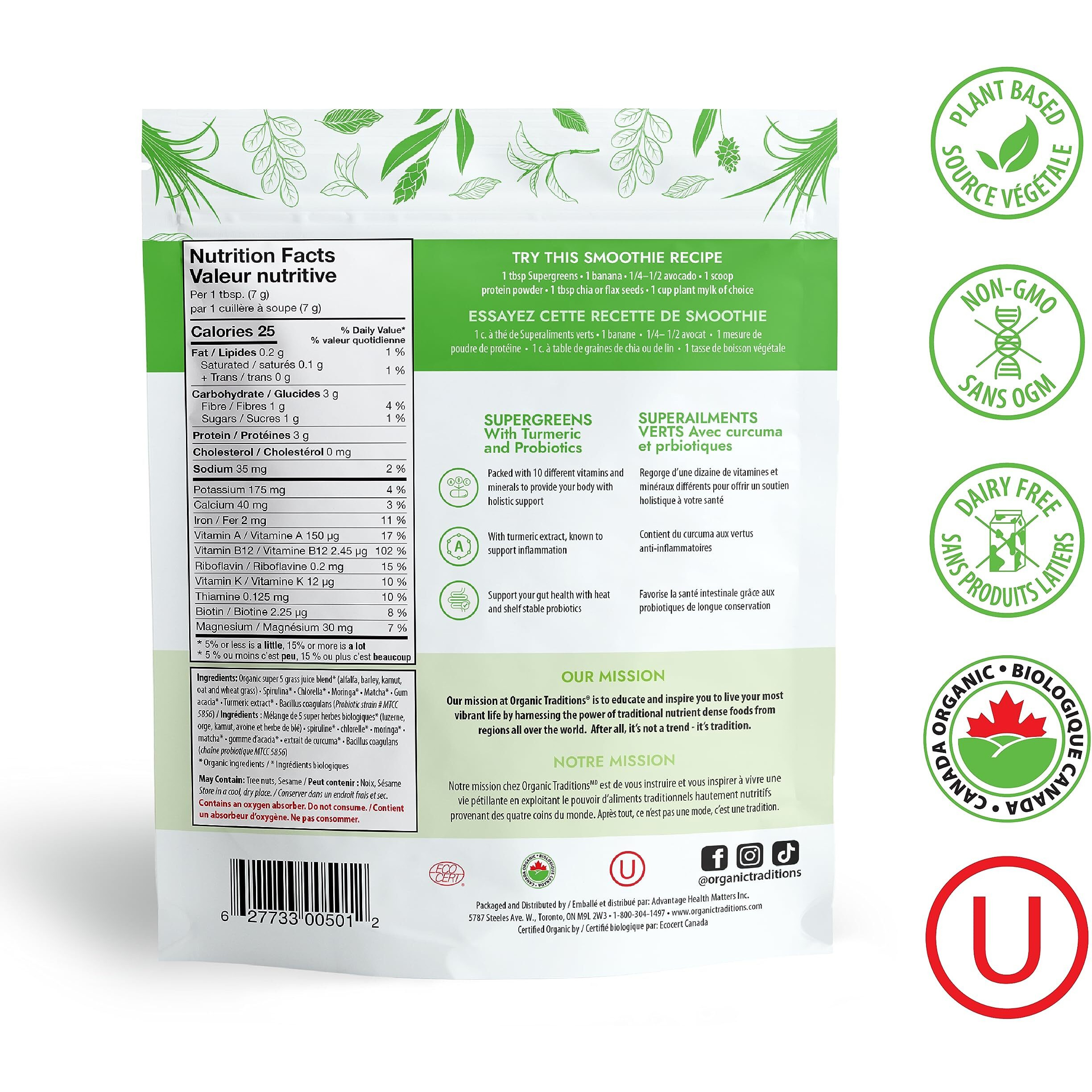 Organic Traditions Super Greens Powder Superfood With Turmeric, Organic Greens Superfood Powder, 100G/3.5Oz Bag