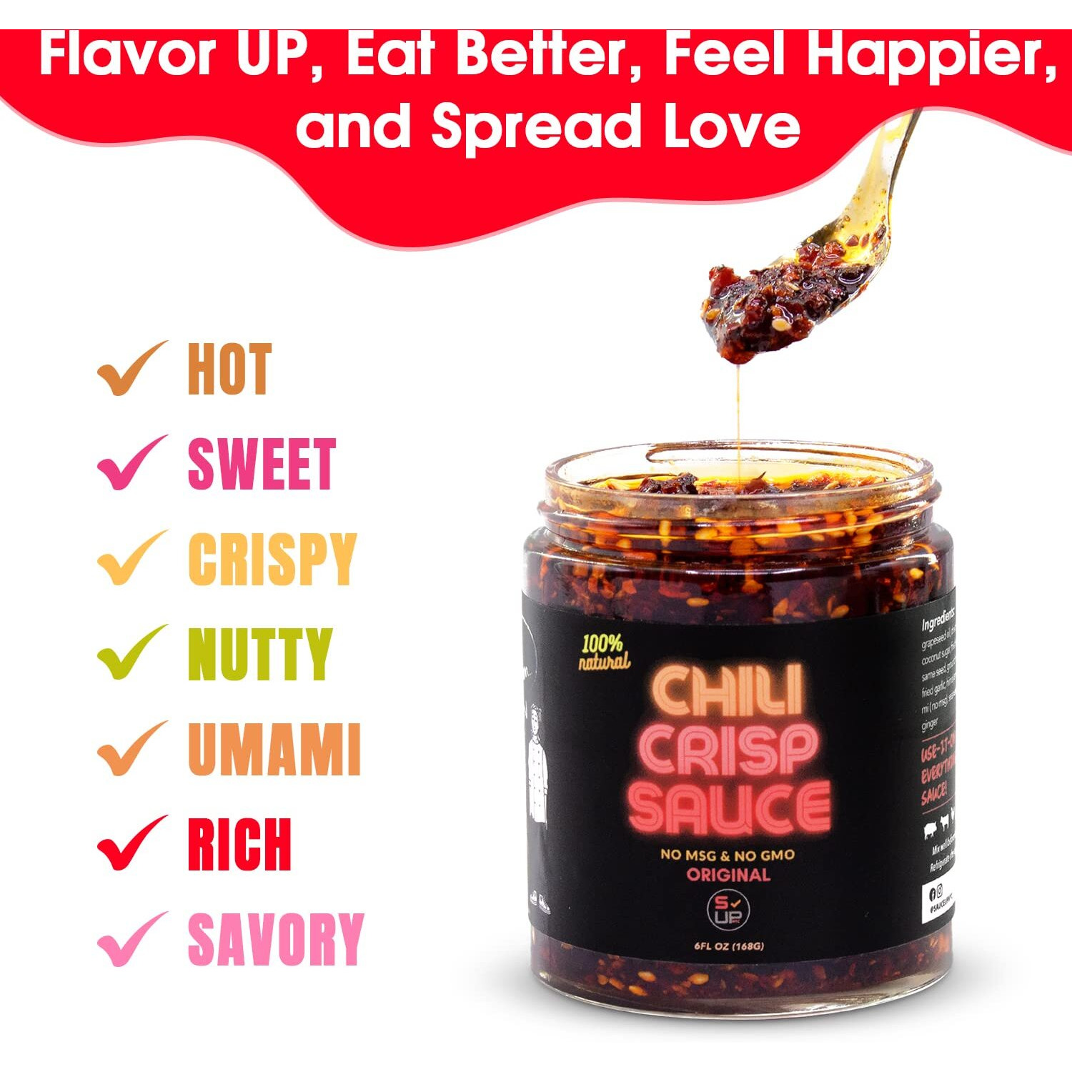 Sauce Up 100% Natural Artisan Chili-Crisp 6Oz- Premium 13 Ingredients, Vegan, Keto, Gf, Zero Msg, Flavor Bomb, Crafted In Nyc(Hot, Sweet, Crispy, Umami, Smoky, Savory)- Good On Anything Chili Sauce (Extra Spicy)