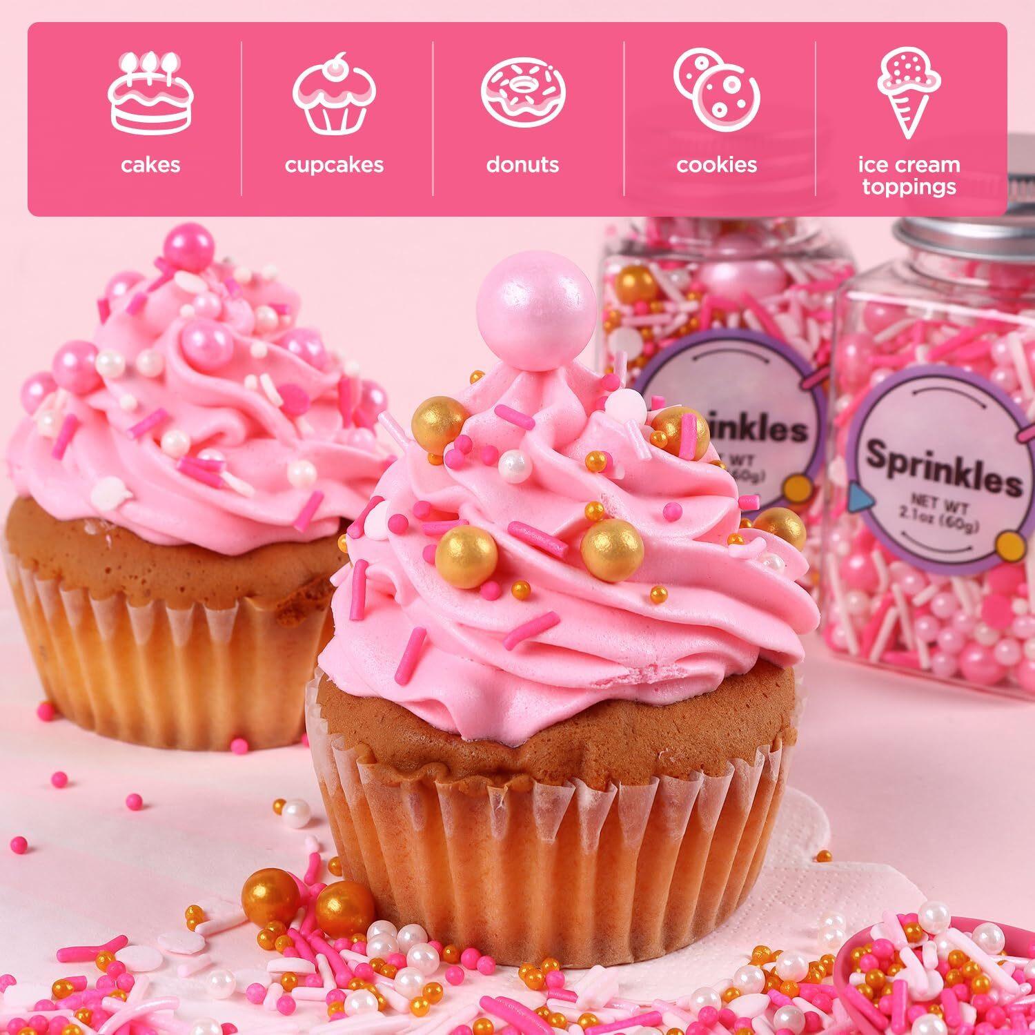 Edible Pink Sprinkle, Valentines Sprinkles Dessert Decorating, Confetti Sprinkle, Pearl Sprinkle, Pink Jimmies Sprinkle For Cake, Cupcake, Chocolate, Macaron, Waffle And Ice Cream(120G/4.23Oz)