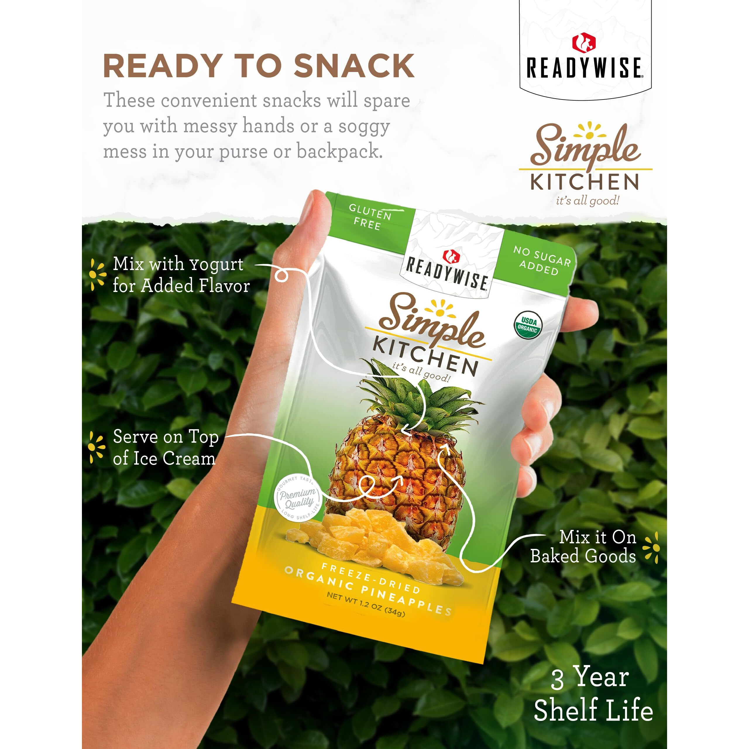 Readywise - Simple Kitchen, Freeze-Dried Organic Pineapples, 1 Pack, Vegetarian, Gluten Free, Organic, Snacks, Pineapple, Dried Fruit, Pre Workout, Healthy Snacks, Camping, Backpacking, Survival Food