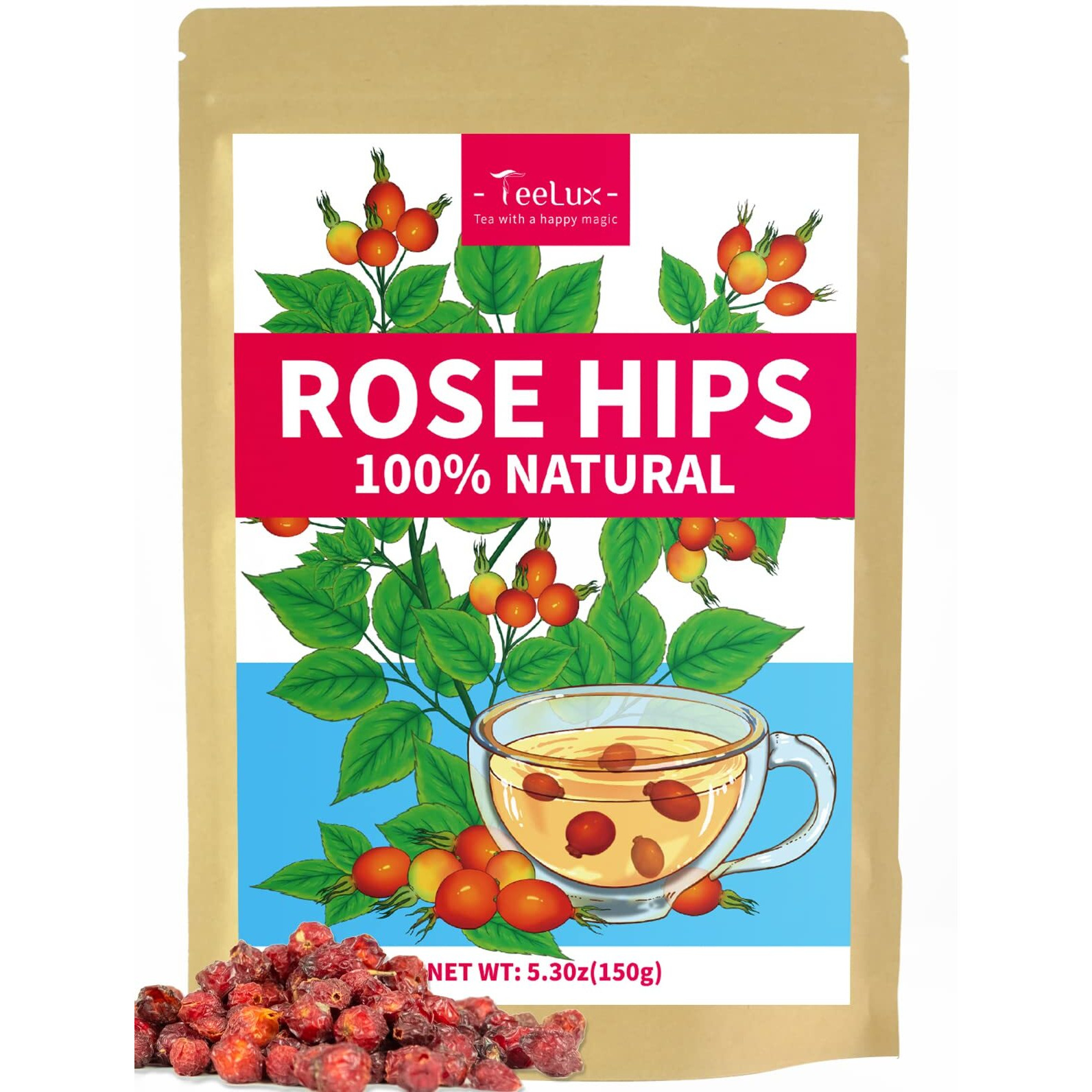 Teelux Rose Hips Tea, Premium Rosehip Herbal Tea, Dried Whole Rose Hips, Fruity Flavor And Aroma, 150G/5.3Oz