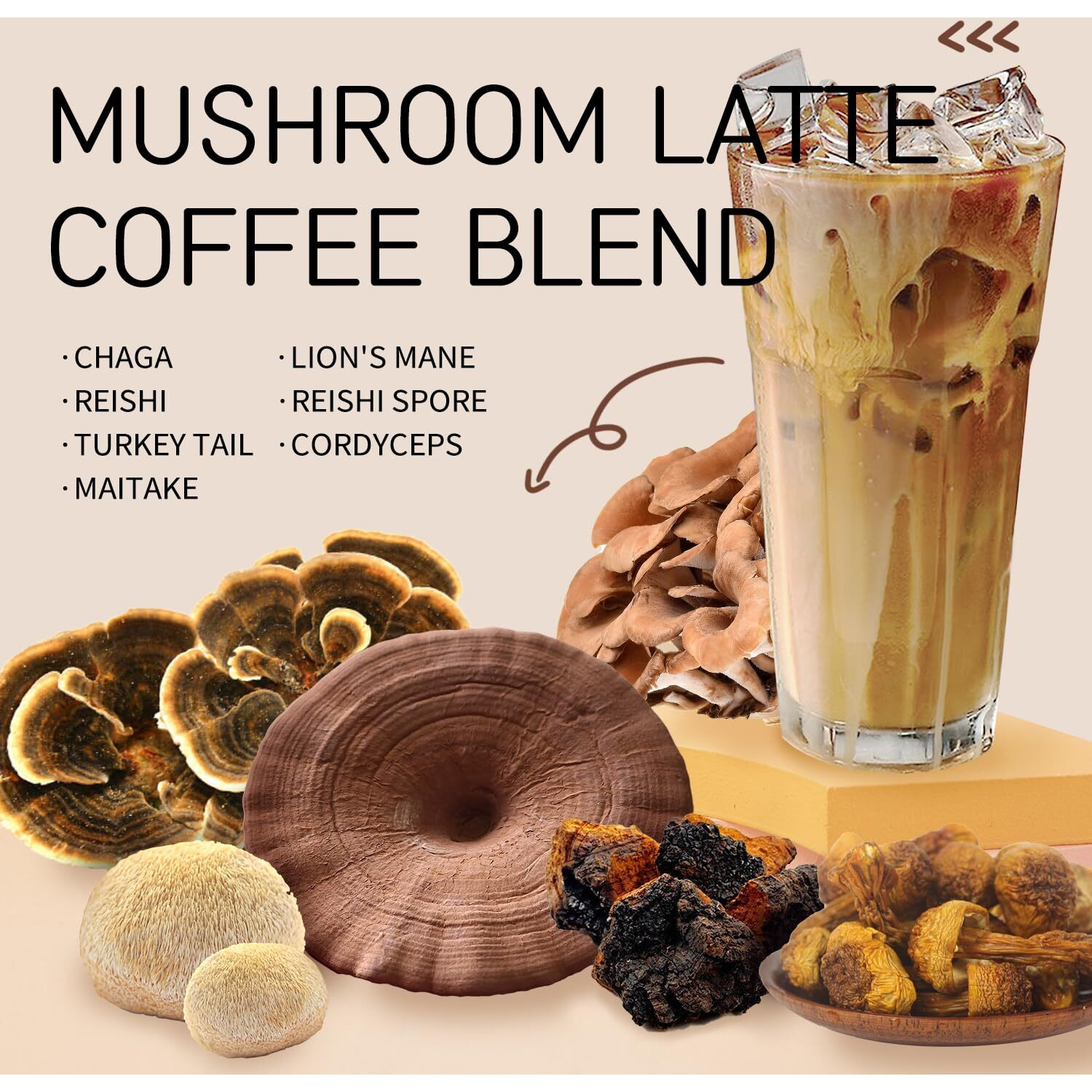 Ganoherb 7 In 1 Mushroom Coffee Mix, Instant Latte Coffee Blend Nootropic Cafe Complex With Reishi, Lions Mane, Chaga, Turkey Tail, Maitake, Cordyceps For Energy Focus Immune Boost (10 Servings)