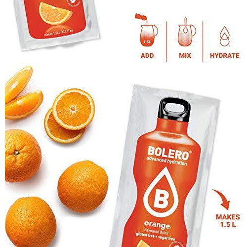 Bolero - Orange Flavored, Sugar Free And Low Calorie Powdered Drink Mix, Makes 1/2 Gallon For Strong Flavor Or 1 Gallon For Mild Flavor, 12 Large Sachets - Europe's Favorite Drink Mix