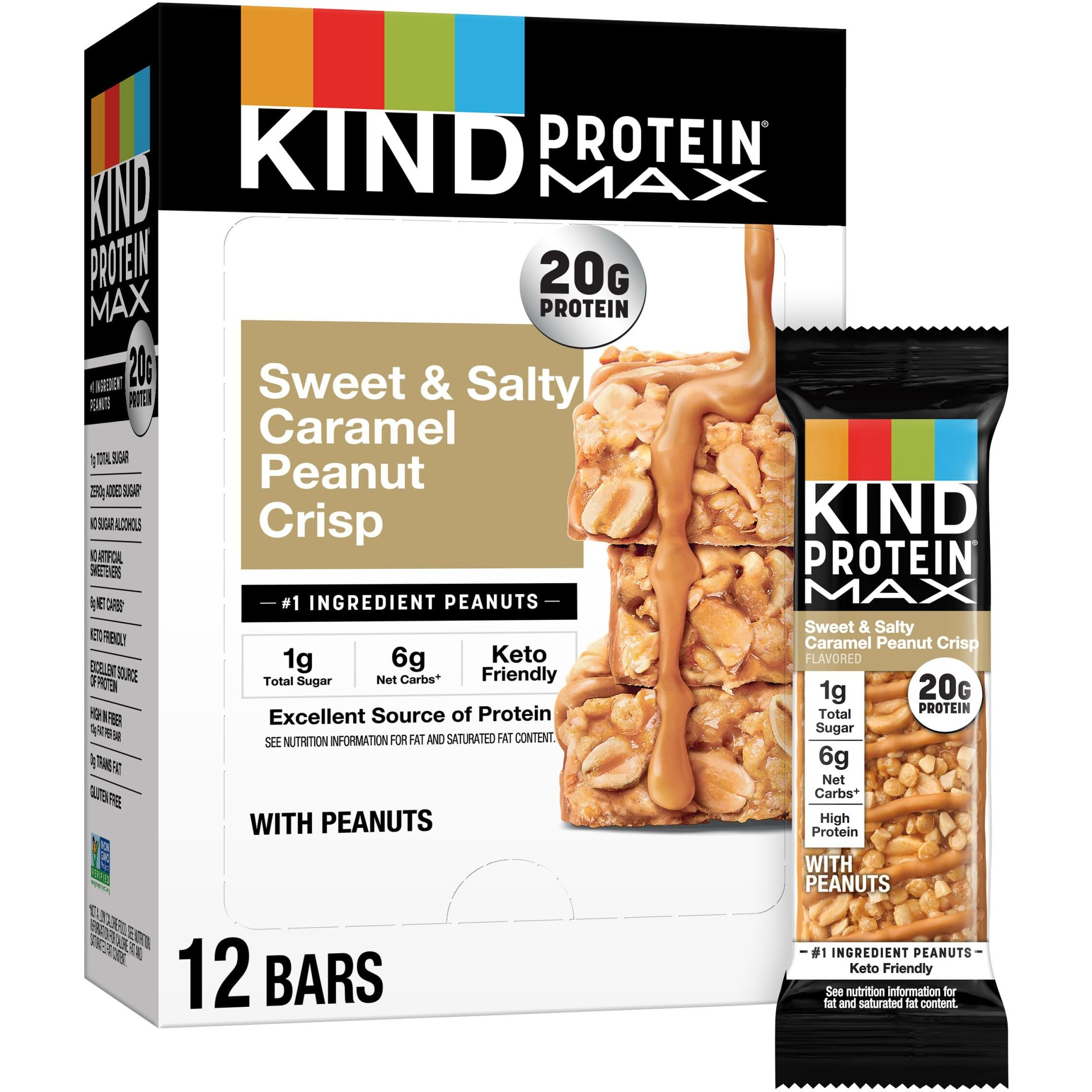 Kind Protein Max Sweet & Salty Caramel Peanut Crisp Snack Bars, Keto Friendly, 20G Protein, 12 Count