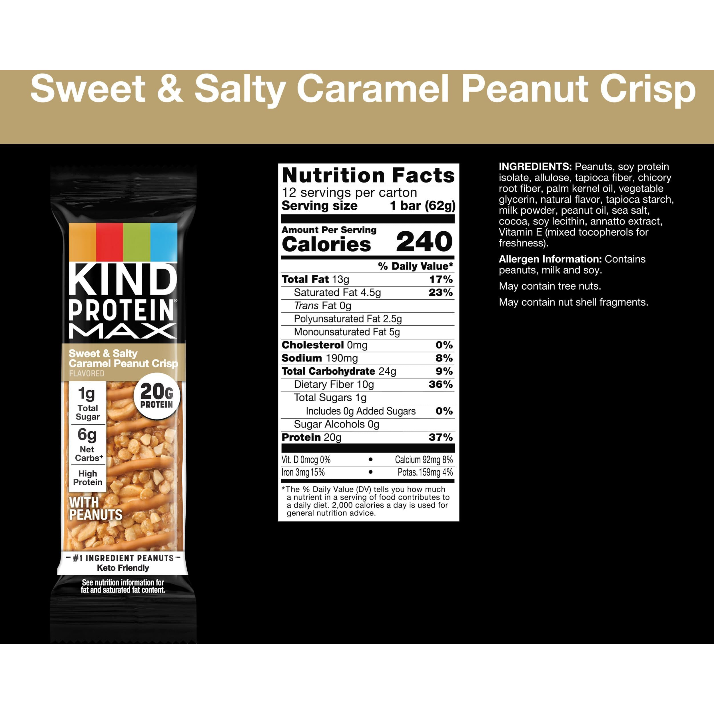 Kind Protein Max Sweet & Salty Caramel Peanut Crisp Snack Bars, Keto Friendly, 20G Protein, 12 Count