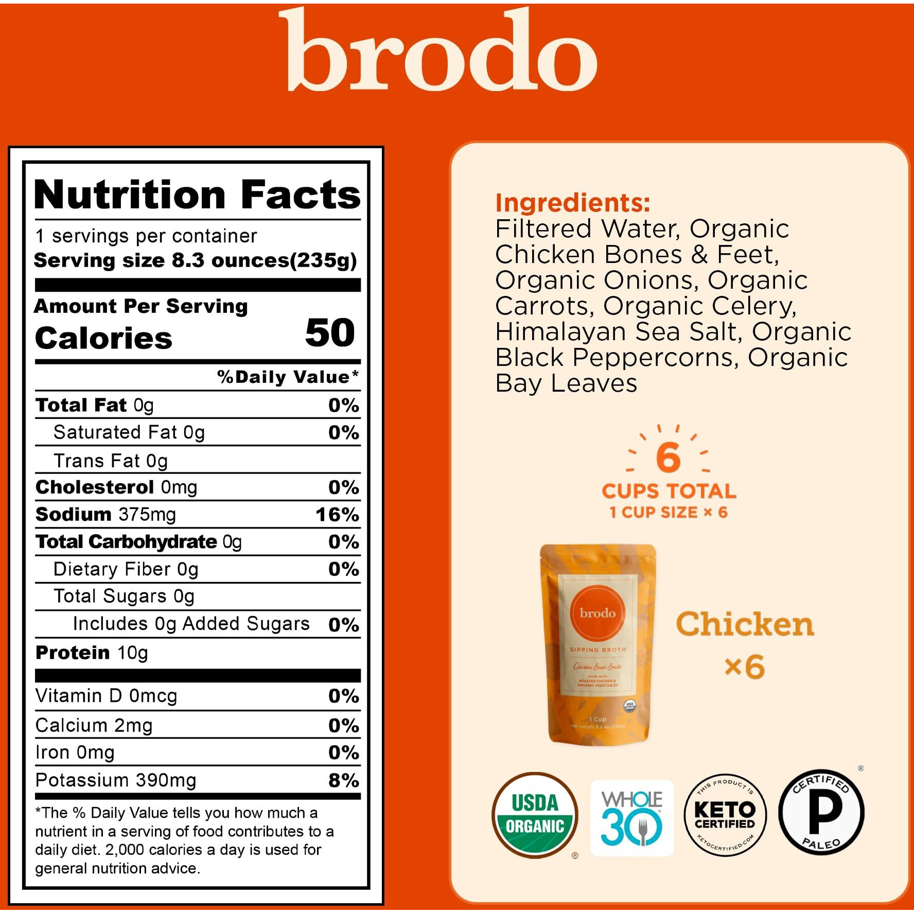 Brodo Organic Chicken Broth | Nutrient Dense, Chef Crafted Bone Broth In Single Serving Pouches | Not Made From Concentrate, No Preservatives (6X 8Oz. Pouches)