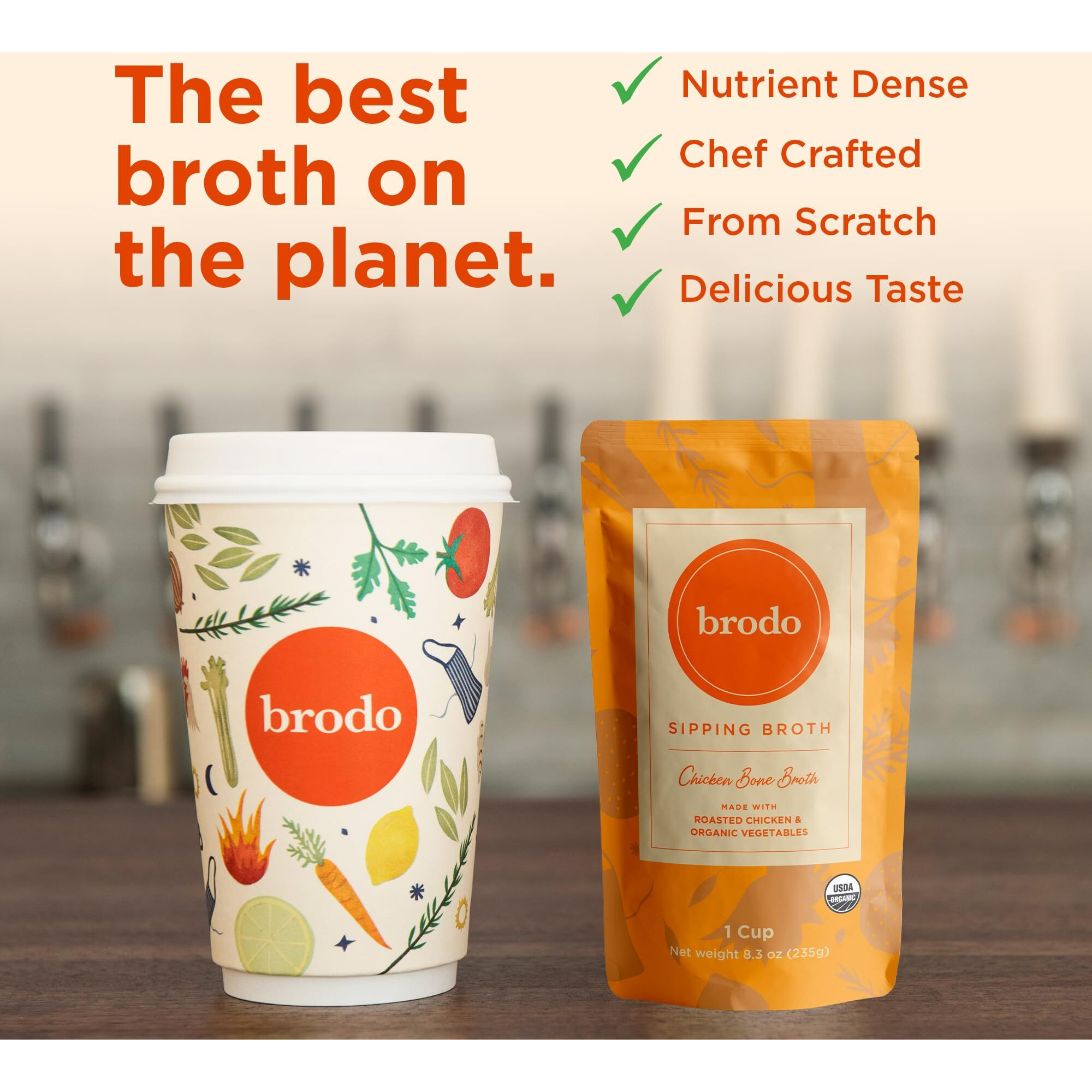 Brodo Organic Chicken Broth | Nutrient Dense, Chef Crafted Bone Broth In Single Serving Pouches | Not Made From Concentrate, No Preservatives (6X 8Oz. Pouches)